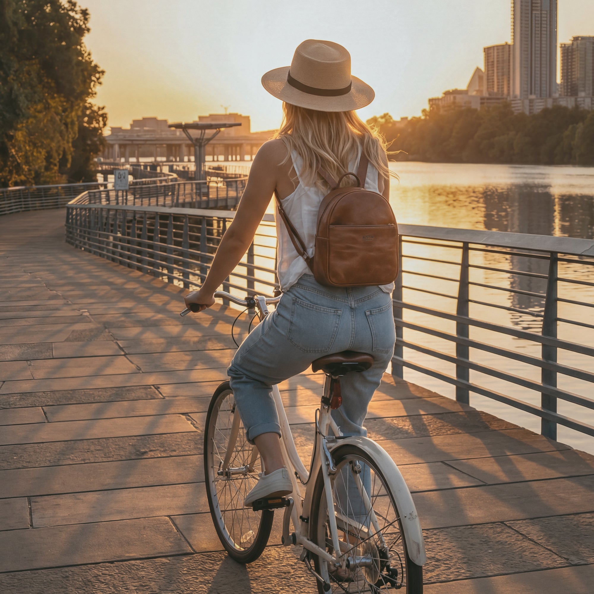 A lifestyle shot of a woman riding a bike with The Holly Mini Backpack by Austin Genuine, capturing the essence of functionality and style with its full grain leather, featuring tags like Full Grain Leather, StockyardX, Small Batch Production, Hand Cut, Hand Sewn, Fire Branded, Artisan, Handmade in La Antigua Guatemala & Oaxaca Mexico.