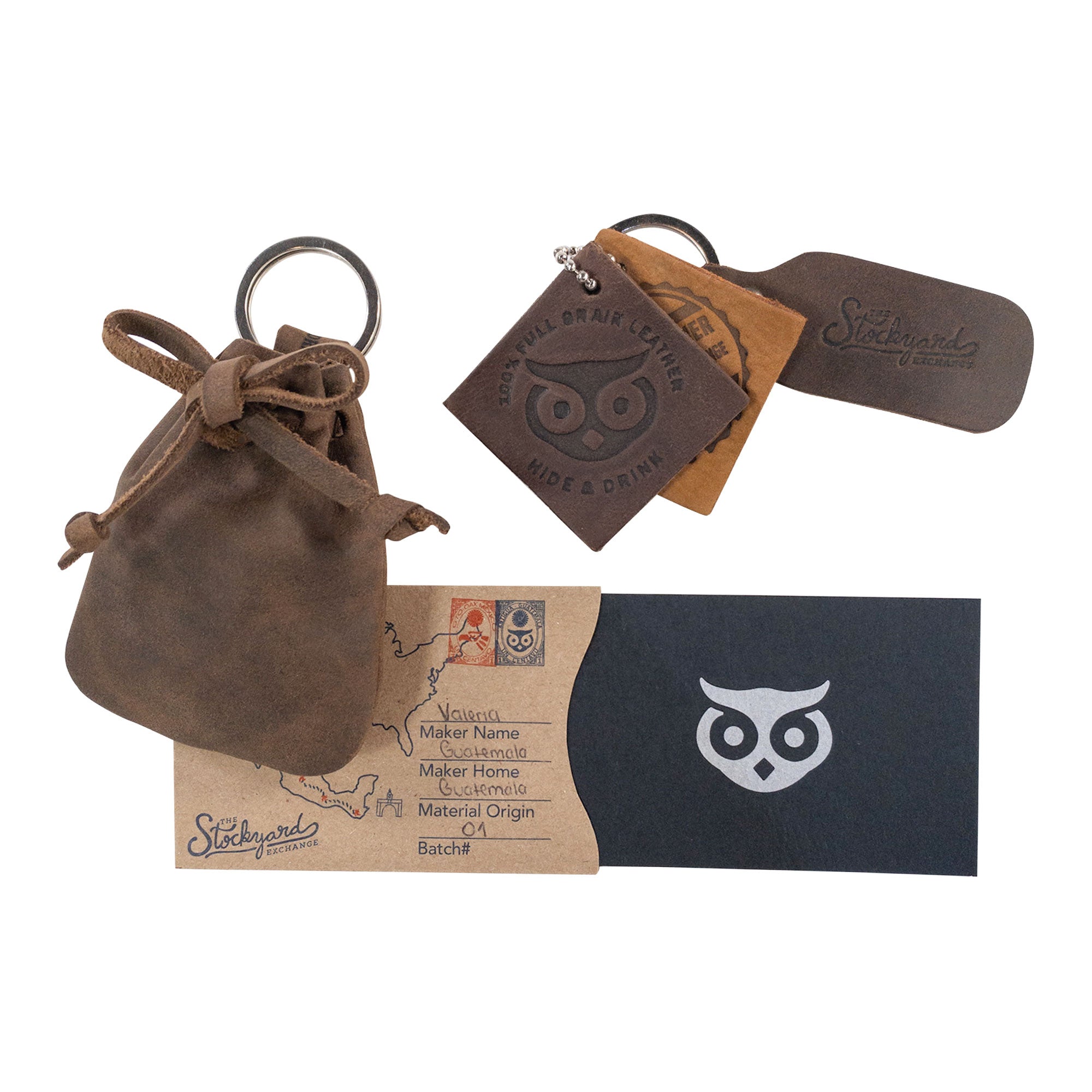 A set including the Mini Medieval Pouch Keychain by Hide & Drink, showcasing its full grain leather construction. This tiny bag with keyring serves as a practical coin organizer, reflecting the artisan, hand-cut, hand-sewn craftsmanship from La Antigua Guatemala and Oaxaca Mexico.