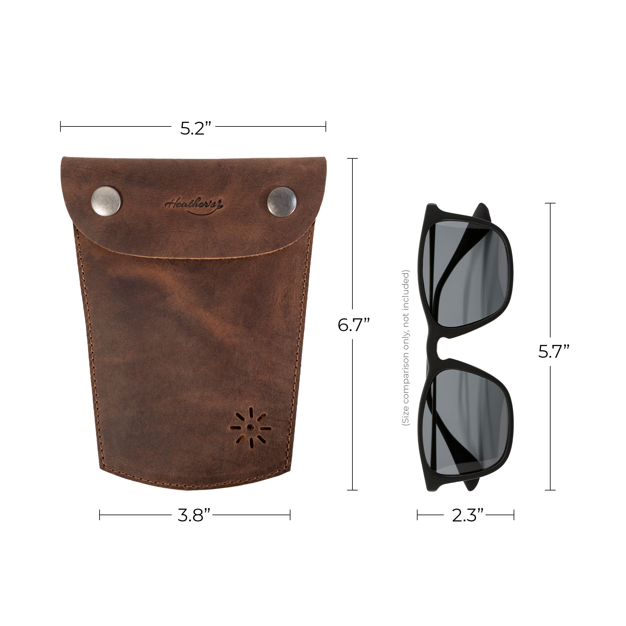 Heather's Essential Mini Bag displayed with dimensions, emphasizing its practicality as a travel accessory. This mini bag for women serves as an essential case for glasses, makeup, USB, cables, and cash. Crafted from full grain leather in La Antigua Guatemala, it is produced in small batches and features artisanal hand cut, hand sewn, and fire branded elements.