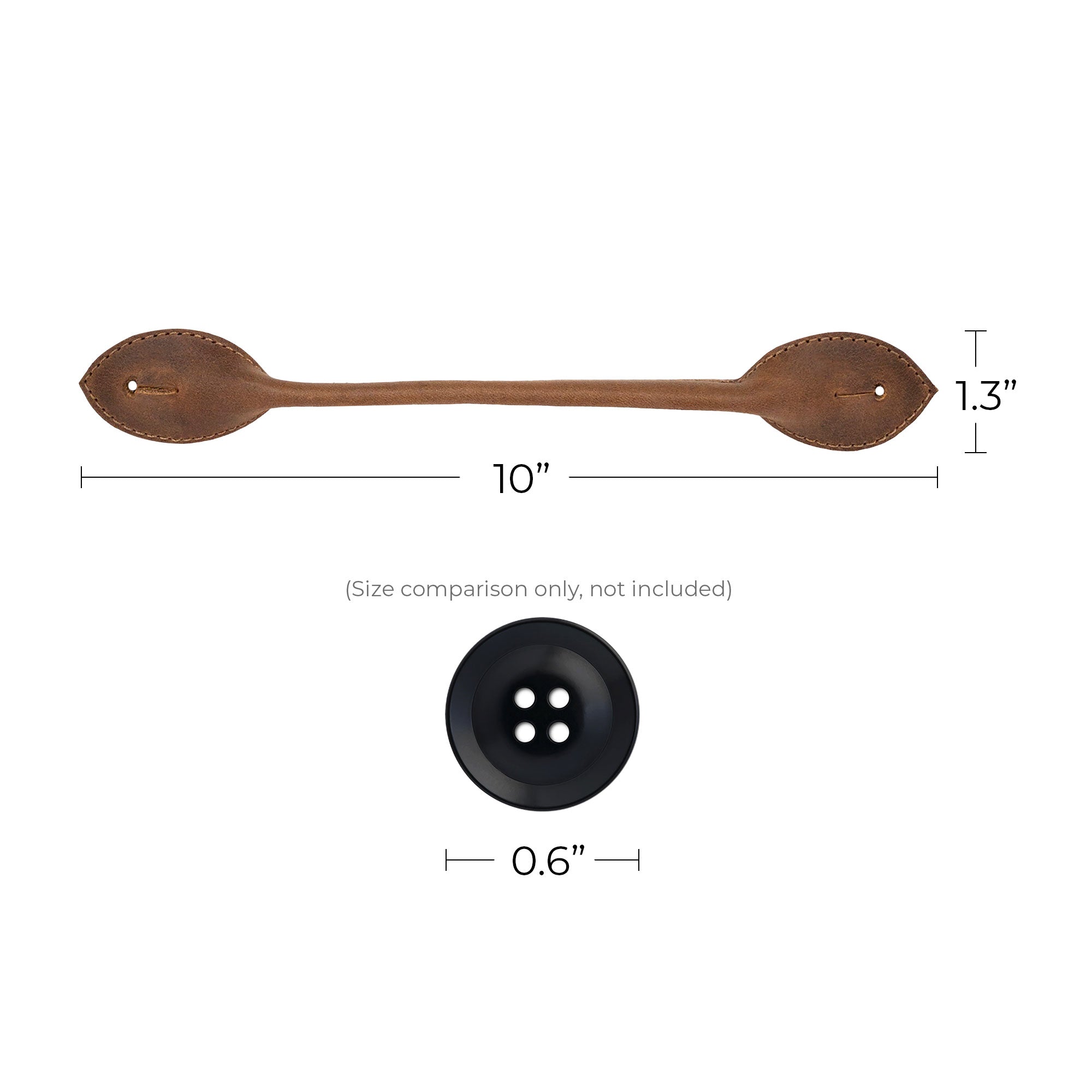 Dimensions of the Set of 3 Button End Attachments for Suspenders by Hide & Groom, featuring a detailed size comparison with a button. Ideal for formal events like dinner parties, this artisan-crafted accessory is made of full grain leather and is handmade in La Antigua Guatemala.