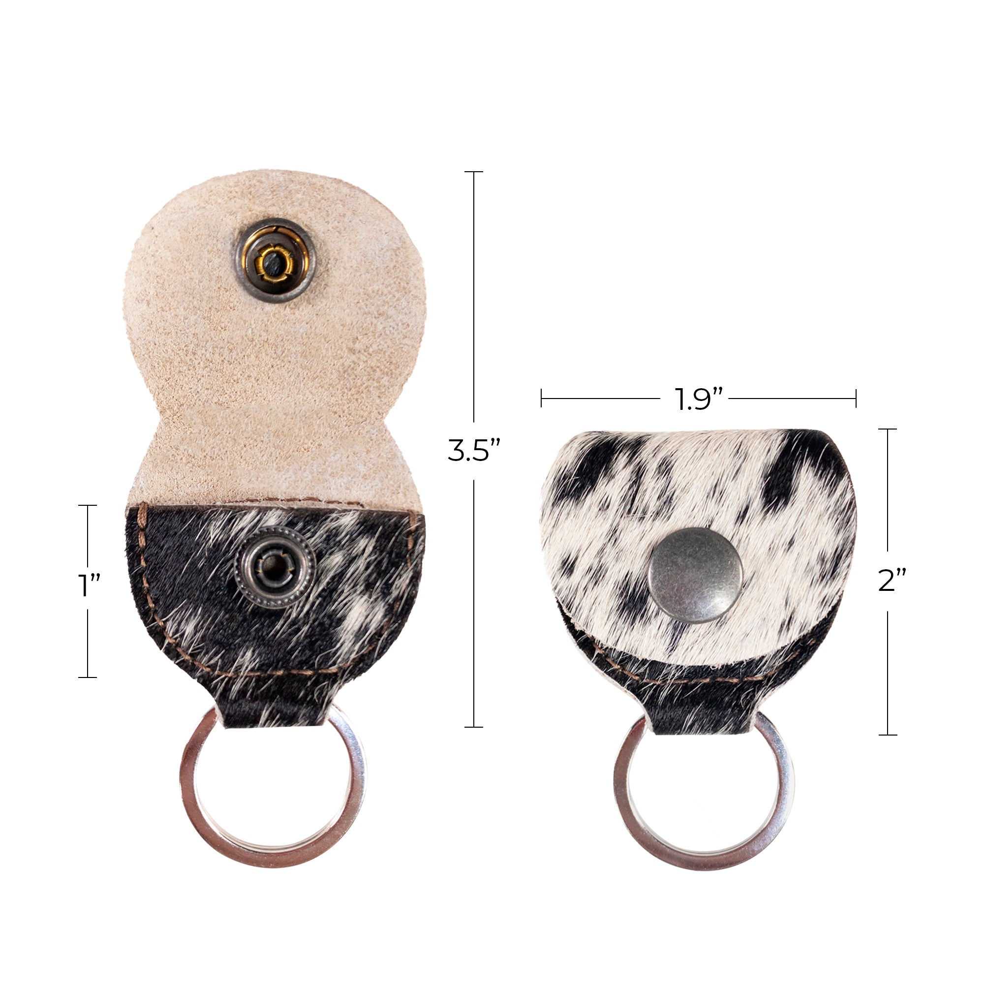 Dimensions of the Guitar Pick Holder Keychain by Western Leather Works, handcrafted from Hair On Hide Full Grain Leather, highlighting small batch production, hand cut, hand sewn, fire branded features and artisan quality, handmade in La Antigua Guatemala & Oaxaca Mexico.