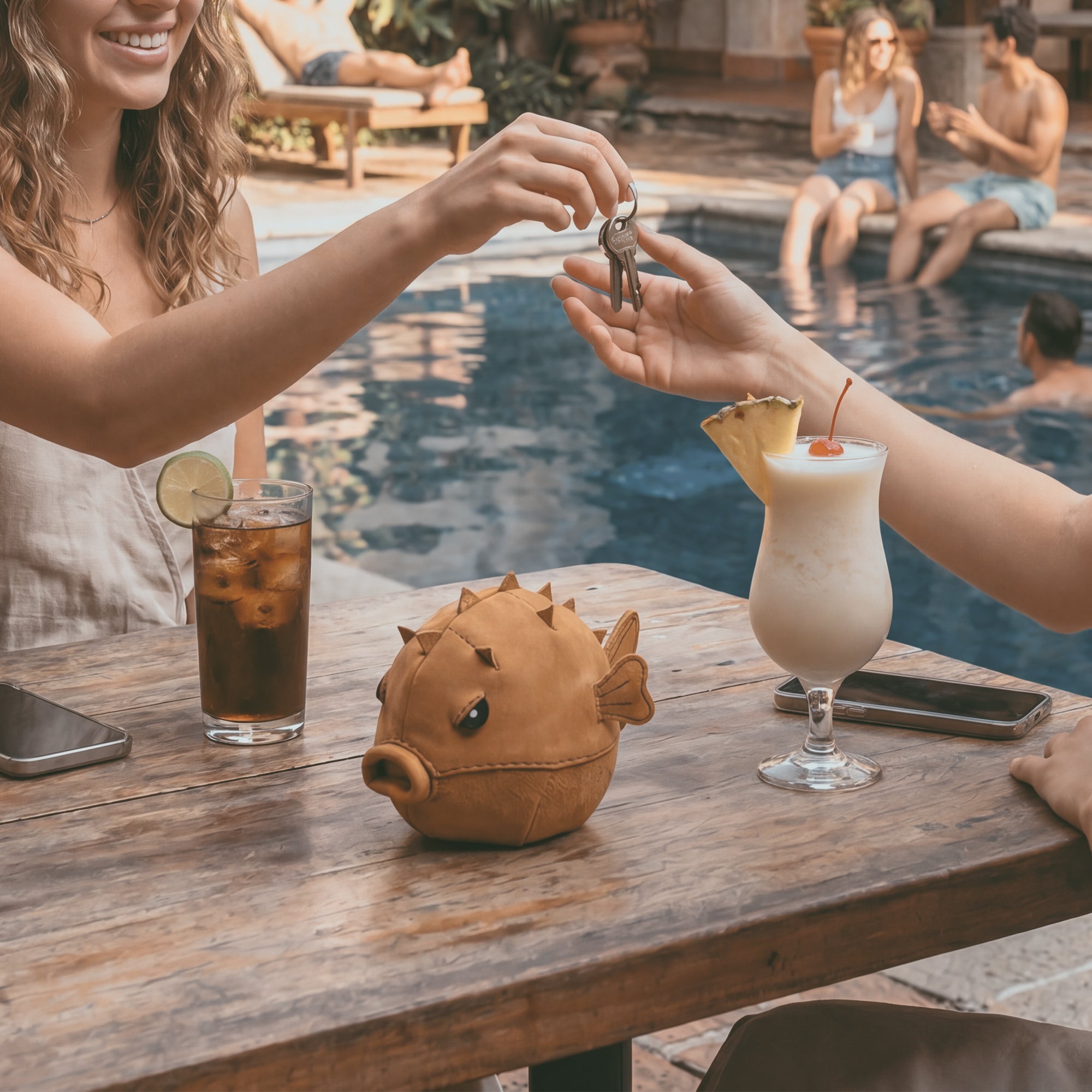 Lifestyle image featuring the Leather Pufferfish Pouch from Tudi Frudi, being used as a small accessory case around a pool setting. Perfect for carrying essentials like keys or coins, this pouch is handmade from full grain leather, emphasizing artisan craftsmanship.