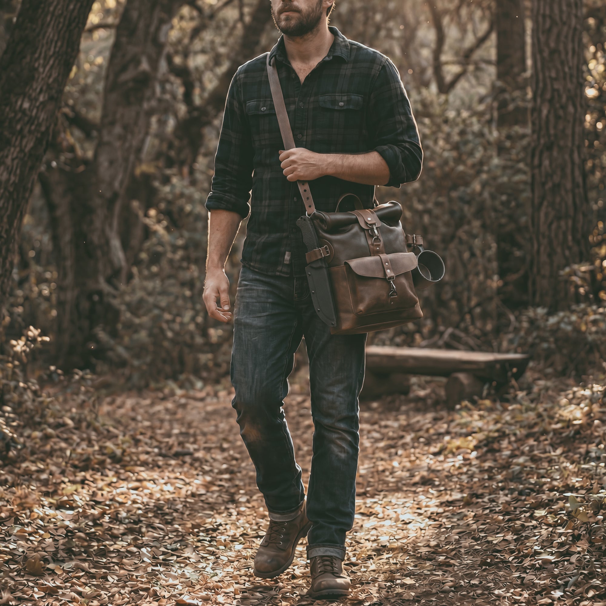 A man wearing the Vintage Adventure Crossbody Bag from Littlefield Chicago while walking through a forest. This stylish leather adventure crossbody bag with an adjustable shoulder strap serves as an excellent outdoor carrier and camping accessory for travel enthusiasts.