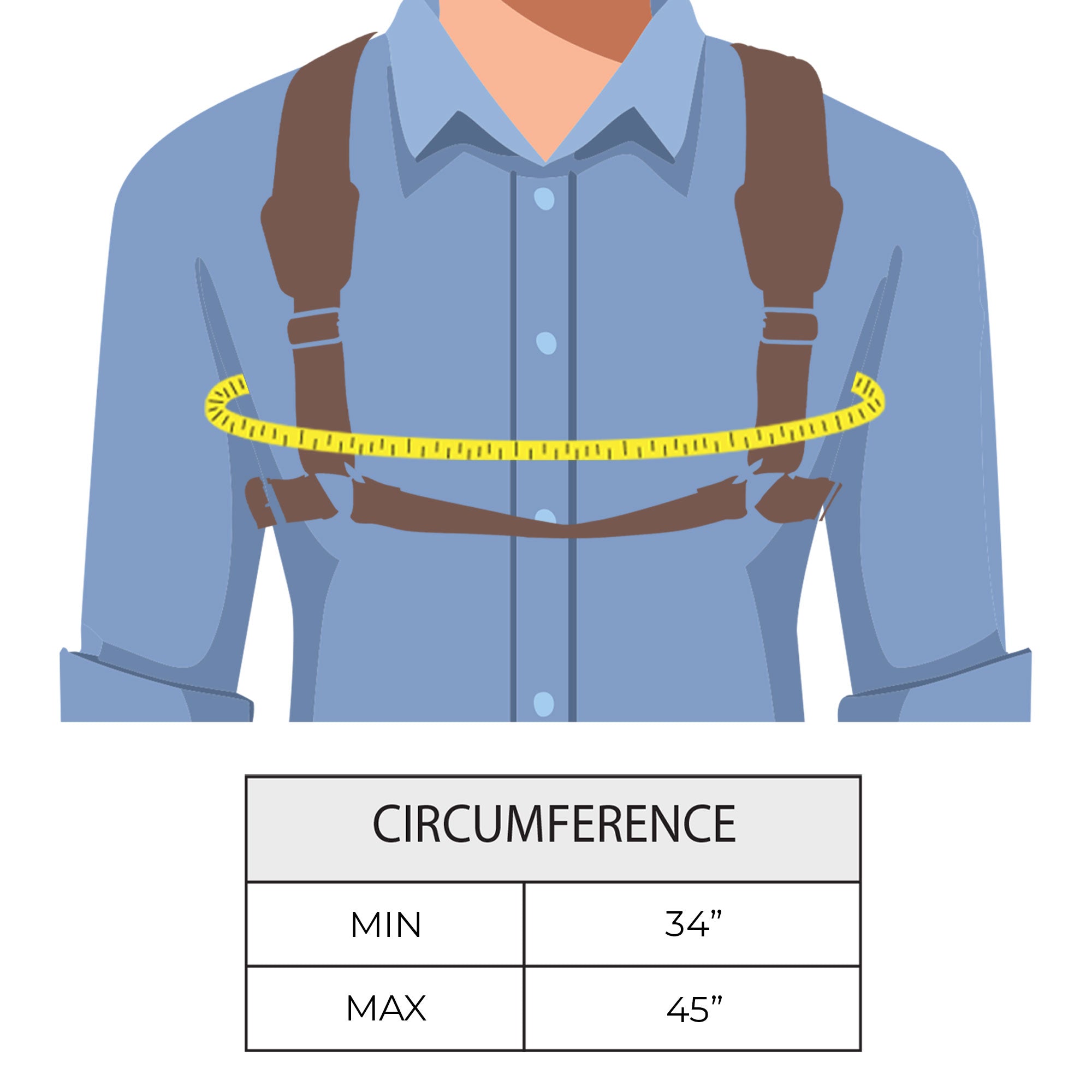 Illustration showing the sizing for the Ajustable Harness for Alto & Tenor Saxophone by tocame, detailing the range from 34" to 45" circumference. This harness is a must-have for marching band essentials, crafted from durable full grain leather and representing artisan craftsmanship from small batch production in La Antigua Guatemala and Oaxaca Mexico.