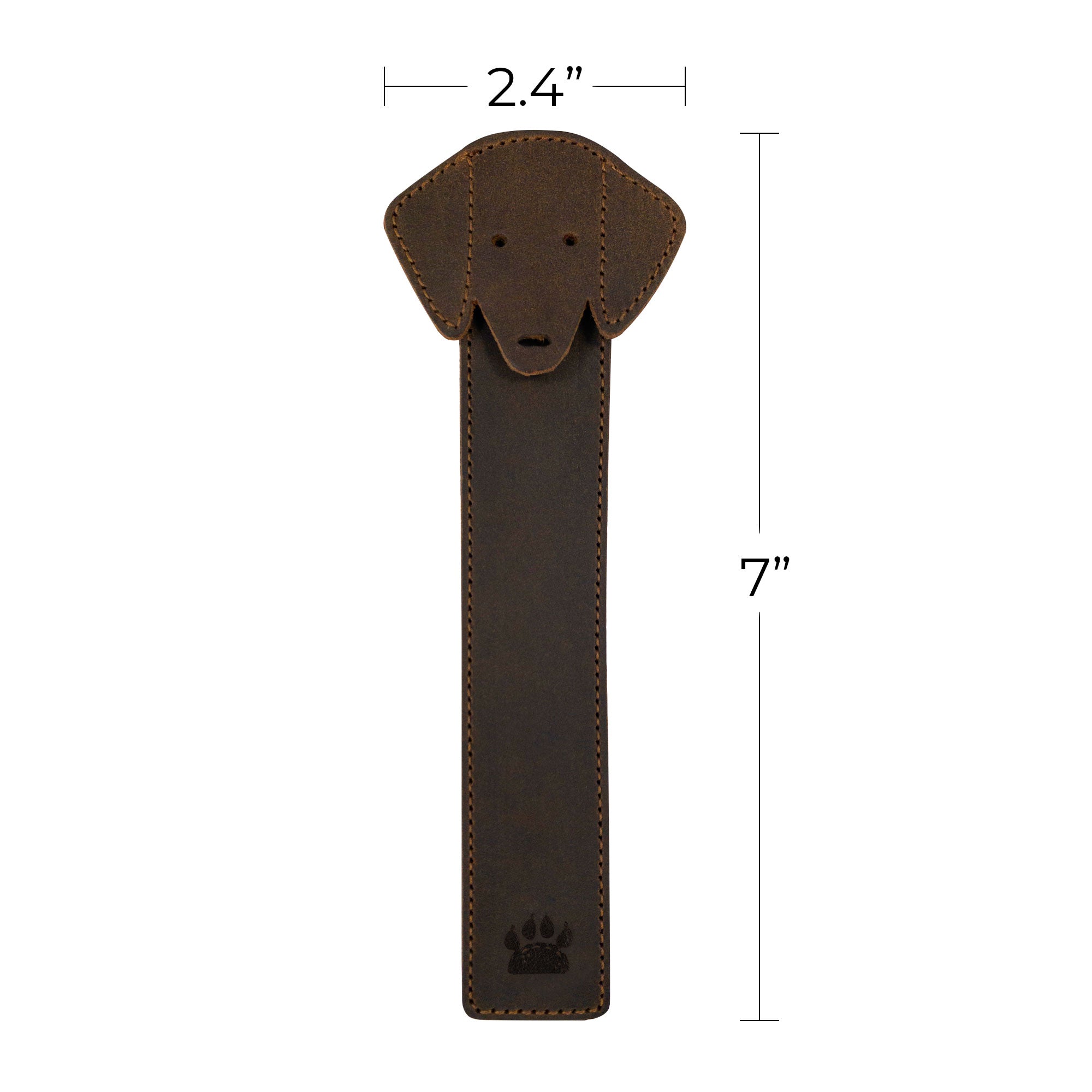 Dimensions of the Taco Dog Dog Bookmark showcased, illustrating its size and design. This cute page marker is crafted from soft, durable full grain leather and makes a perfect accessory for book lovers and dog enthusiasts, proudly handmade in La Antigua Guatemala.