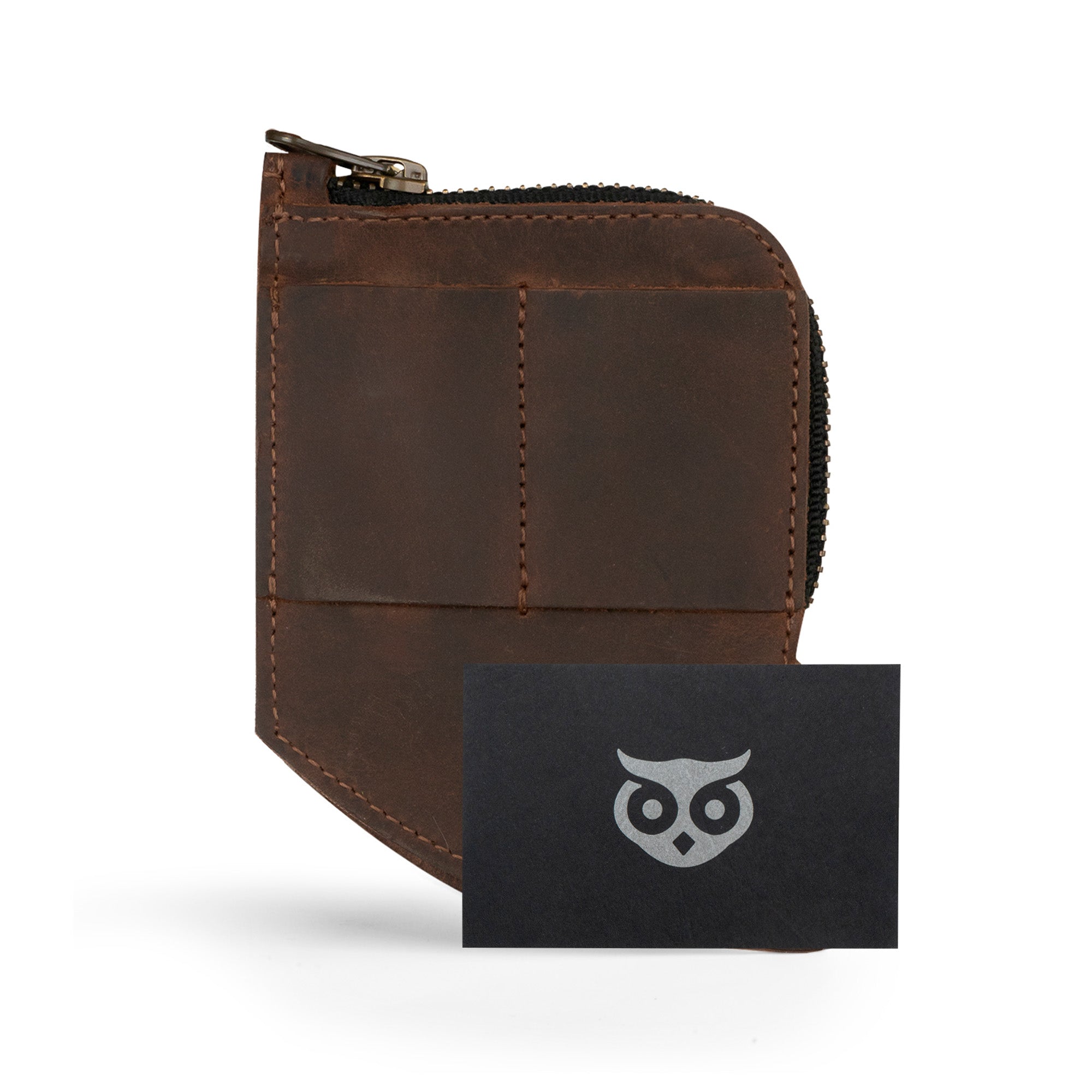 Hide & Drink EDC Pocket Wallet displayed alongside a business card, showcasing its practical use as a money clip. This handmade leather wallet is fire branded and embodies artisan craftsmanship.