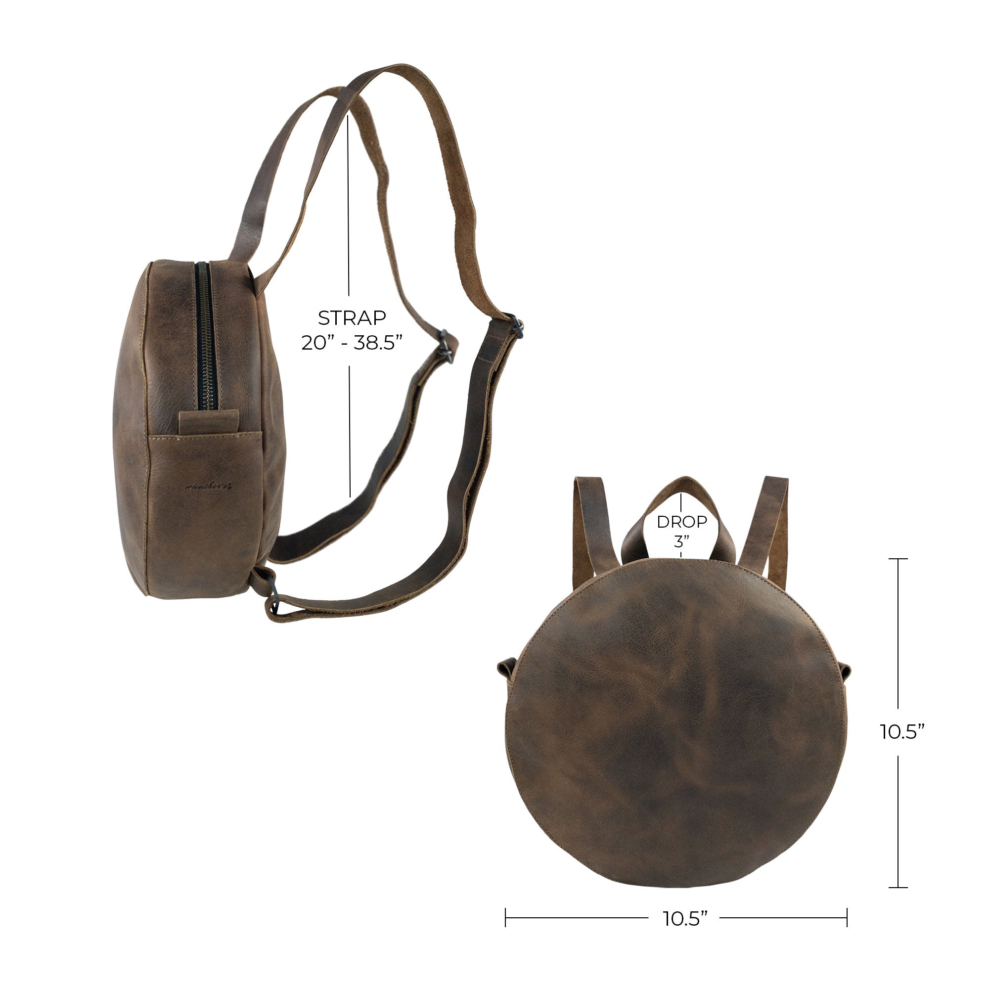 Dimensions and specifications of Heather's Circular Backpack displayed alongside its full grain leather design. This travel accessory, perfect as a casual daypack, includes adjustable straps and embodies small batch production techniques, made by artisans in La Antigua Guatemala & Oaxaca Mexico.