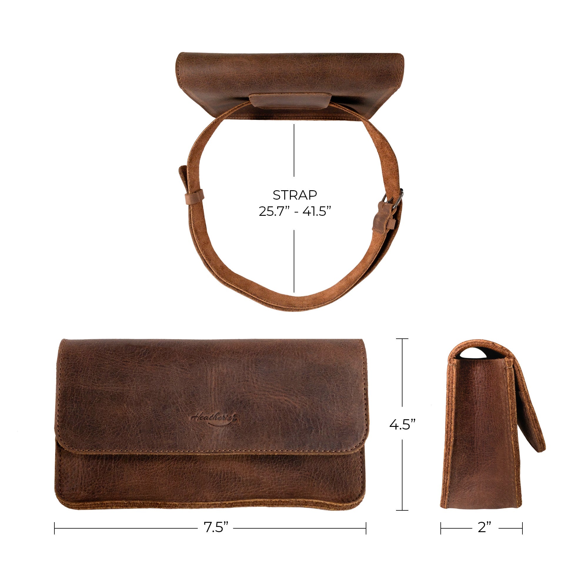 Dimensions and features of Heather's Rectangular Fanny Pack illustrated, emphasizing its practicality and style. This vintage purse is made from full grain leather, renowned for its durability. Hand cut and hand sewn, each piece is crafted with care in La Antigua Guatemala & Oaxaca Mexico.