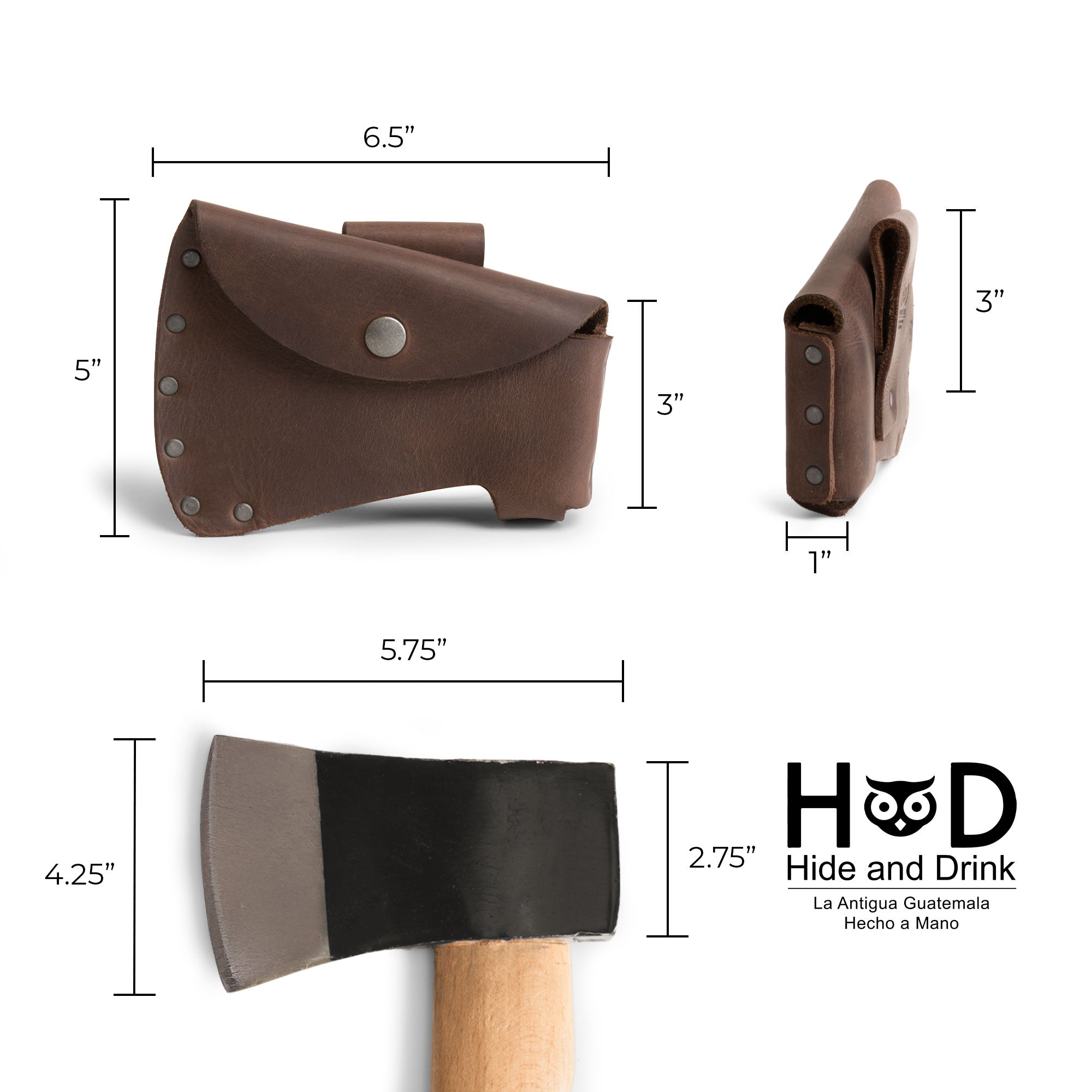 Hide & Drink Hatchet Head Sheath displaying dimensions and features of a full grain leather holster for 1.5 in. belts. This axe head case is an essential blade cover for lumberjack outdoor work, showcasing artisan quality, small batch production, and handmade craftsmanship.