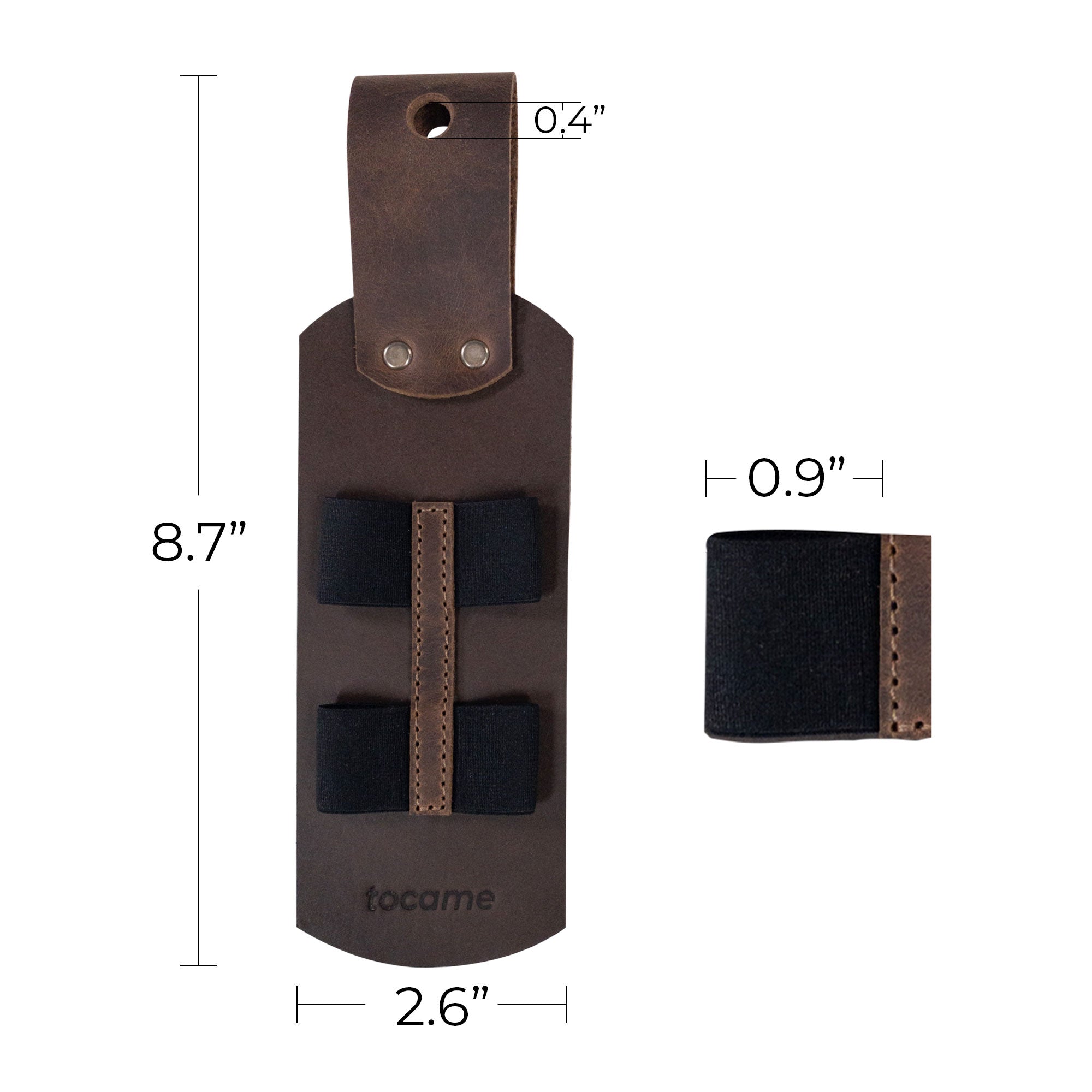 Specifications and dimensions of the Set of 2 Drum Stick Sleeves by tocame, highlighting their practicality and quality. Made of full grain leather, these rustic hanging sleeves provide a stylish solution for drummers. Hand cut and hand sewn by artisans in La Antigua, Guatemala, they ensure a lifetime of use.