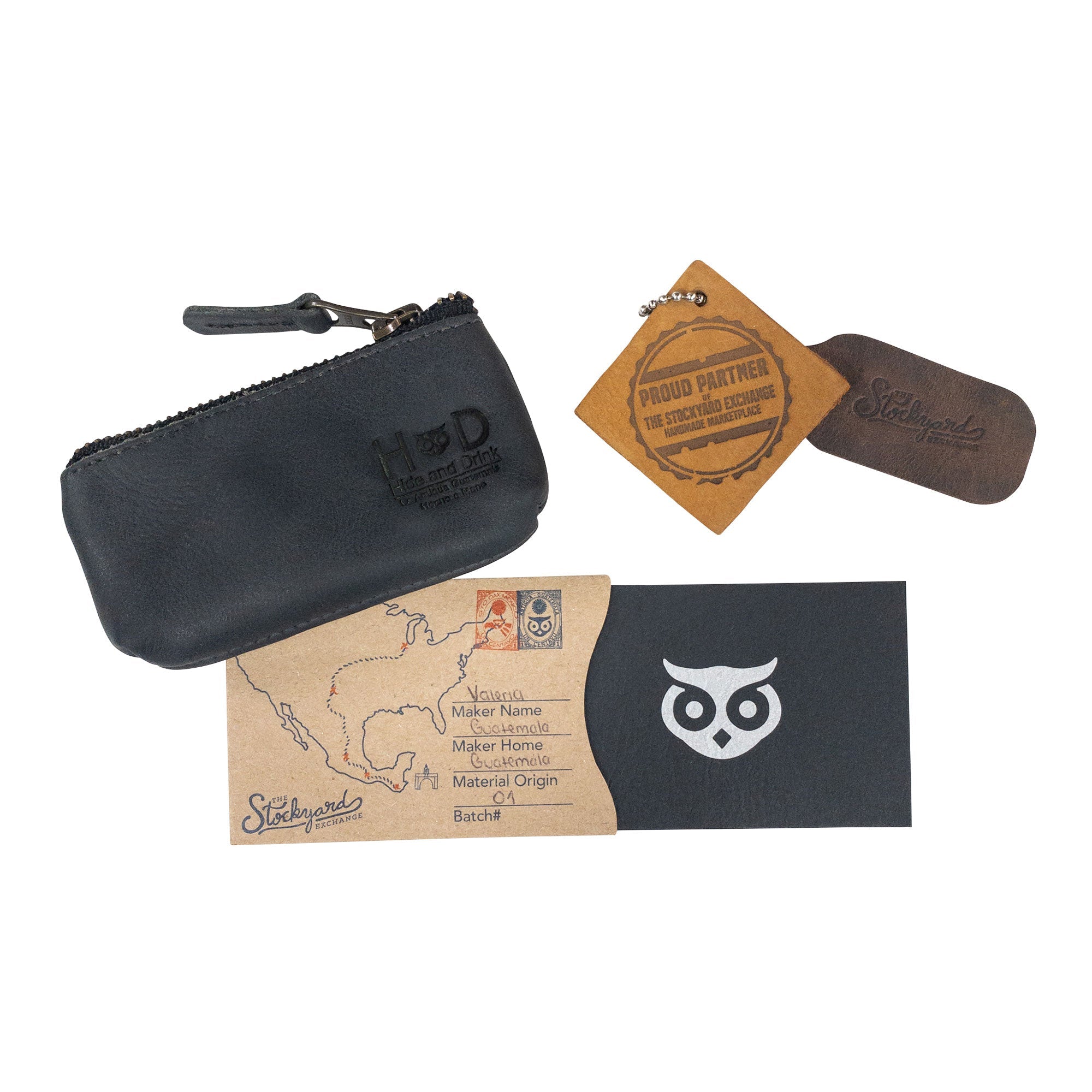 Hide & Drink Key Holder Zippered Pouch featuring a classic design in a warm brown color. Ideal for use as a zippered coin bag or a memory card organizer, made with care in La Antigua Guatemala & Oaxaca Mexico.