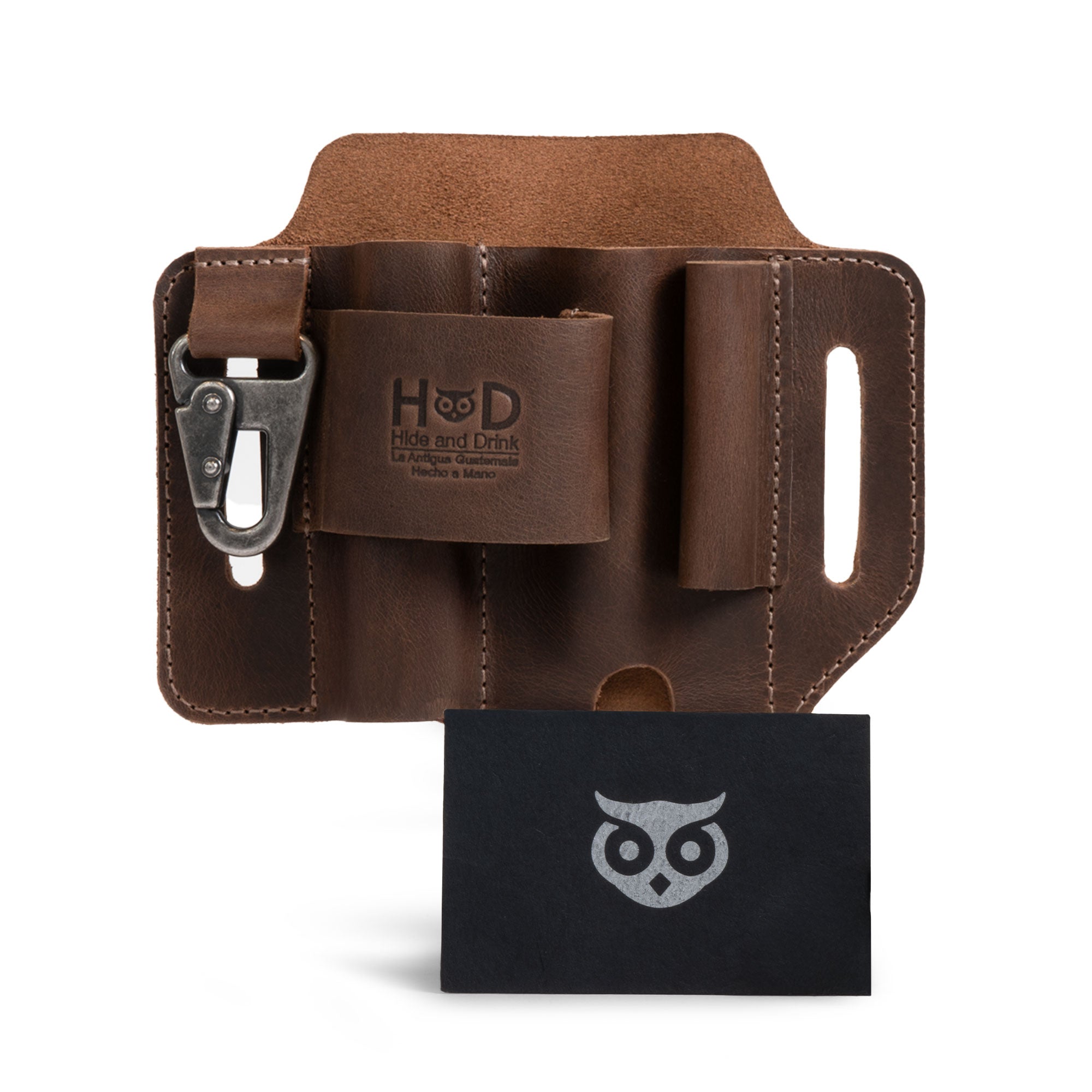 Hide & Drink Multi-tool Sheath for Waist Belt with tools detail close-up: Leather Multi-Tool Sheath for Waist Belt, Holster with Belt Loop, Outdoor Case, EDC Organizer for Belts, Pocket Knife Sheath, Camping Accessory, Multitool Pouch made from full grain leather, Handmade in La Antigua Guatemala & Oaxaca Mexico by StockyardX small batch production, Hand Cut and Hand Sewn, Fire Branded Artisan craftsmanship.