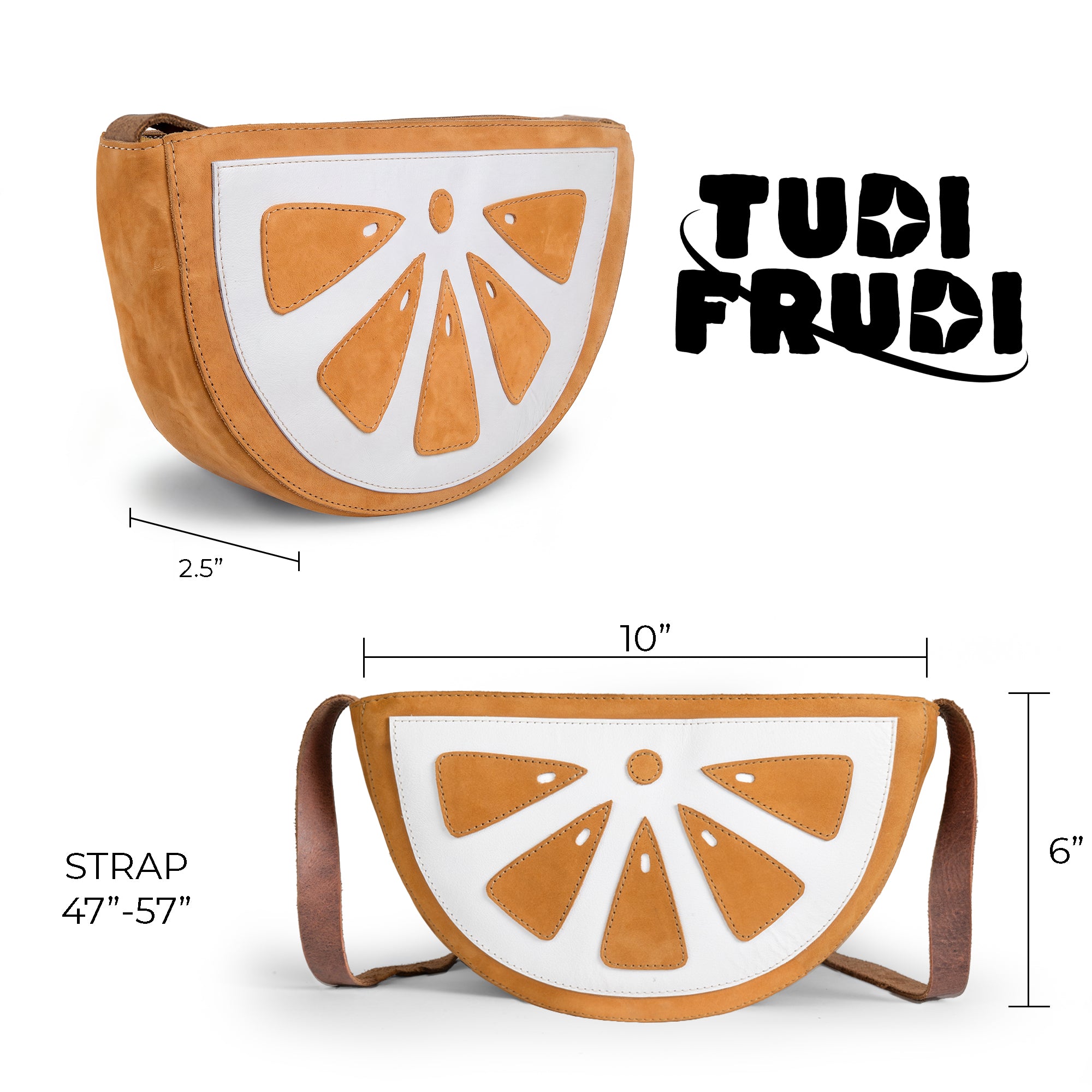 Dimensions comparison of the Lemon-Shaped Shoulder Bag by Tudi Frudi, illustrating size suitability. This Lemon-Shaped Shoulder Bag with Adjustable Strap is versatile as a Messenger Bag and Vintage Purse. Constructed from durable Full Grain Leather, it's a product of Small Batch Production, featuring hand cut and hand sewn craftsmanship by artisans in La Antigua Guatemala & Oaxaca Mexico.