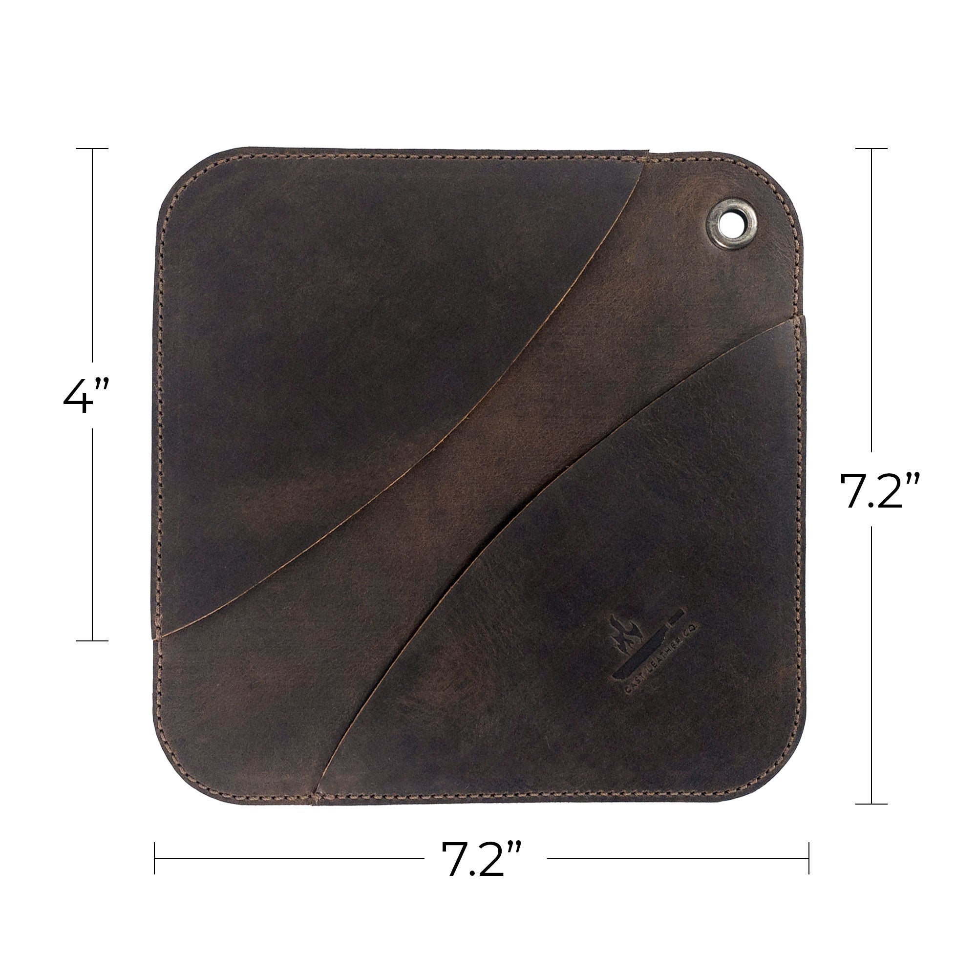 A detailed image of the specifications of the Cast Leather Co. Leather Oven Mitt & Trivet, showcasing its dimensions and high-quality leather material. This heat-resistant hot pot pad (potholder) is a prime example of small batch production and artisan design, all made in La Antigua Guatemala.