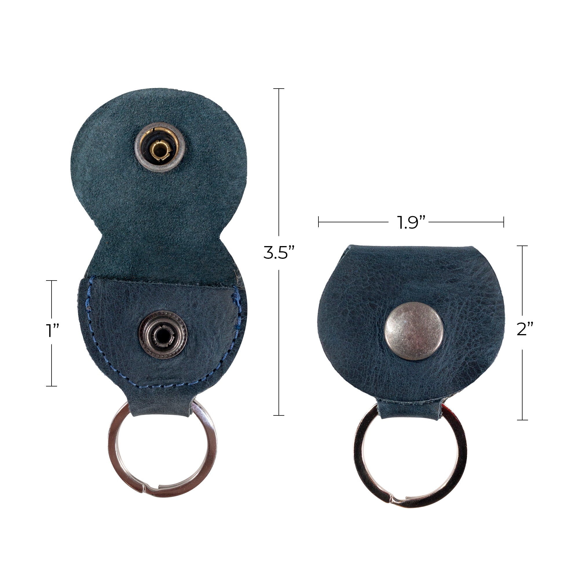 Measurement details of the Key Chain & Guitar Pick Holder by Hide & Drink, clearly portraying the size of the Guitar Pick Holder with Ring. This practical keychain for guitar players is crafted from durable Full Grain Leather, highlighting small batch production, hand cut and hand sewn artistry, artisan quality, and fire branding, handmade in La Antigua Guatemala & Oaxaca Mexico.