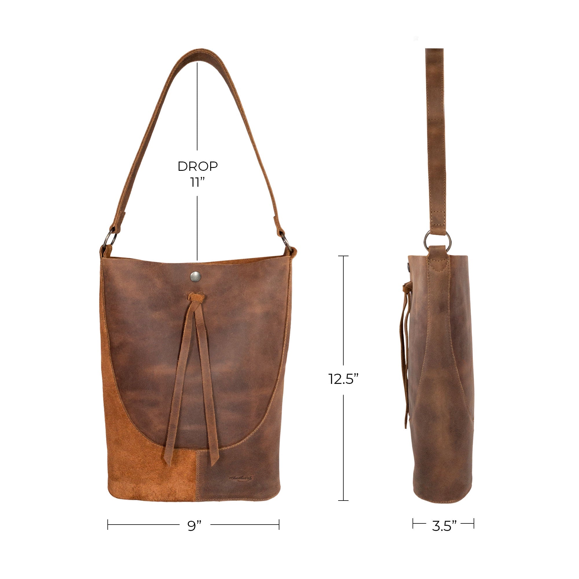 Detailed view of Heather's Reversed Shoulder Bag dimensions, showcasing its practical design. This rustic tote bag for women, also known as a vintage purse, is an ideal shoulder bag with strap made from full grain leather, handcrafted by artisans in La Antigua Guatemala & Oaxaca Mexico.