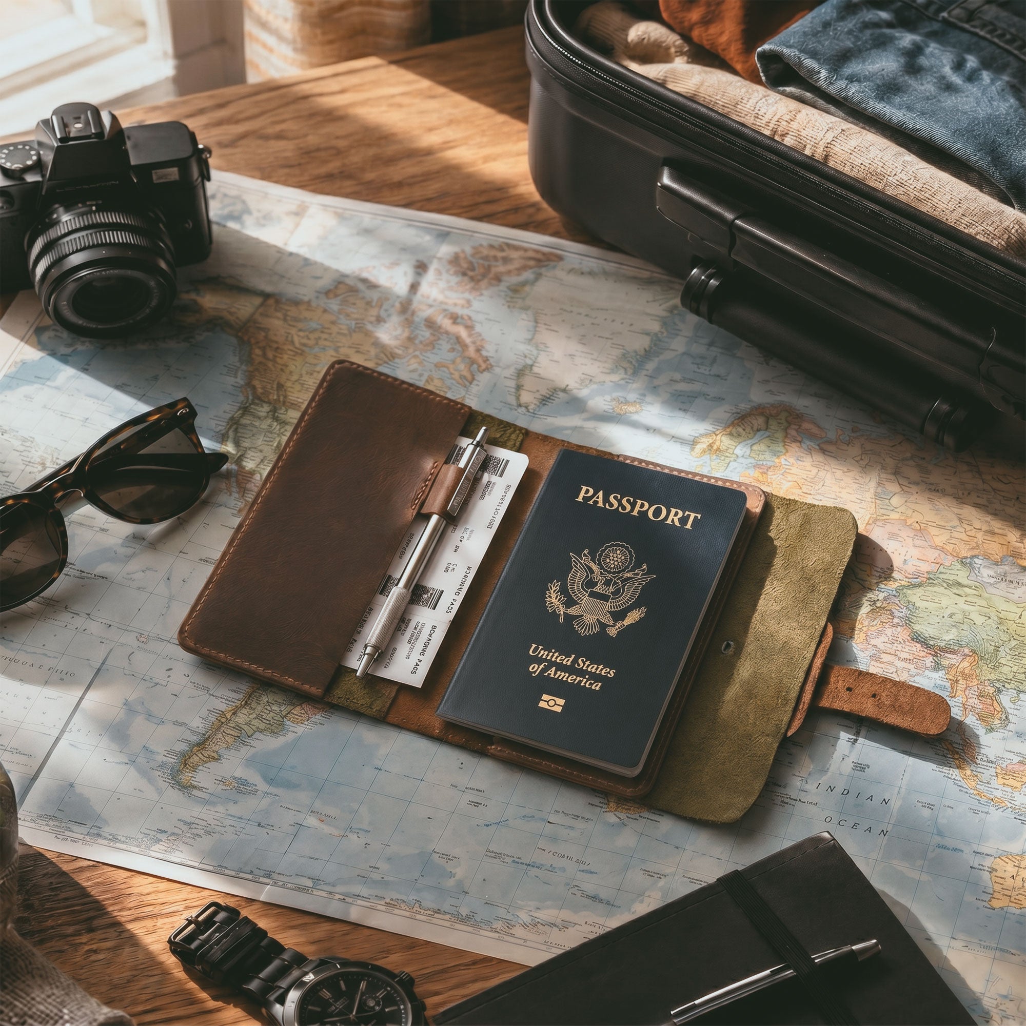 The Vintage Adventure Passport Cover by Littlefield Chicago displayed alongside travel essentials on a world map, embodying the spirit of adventure. This passport cover features a rustic bifold case design made from Full Grain Leather, perfect for travelers seeking a handmade, artisan-crafted wallet organizer.