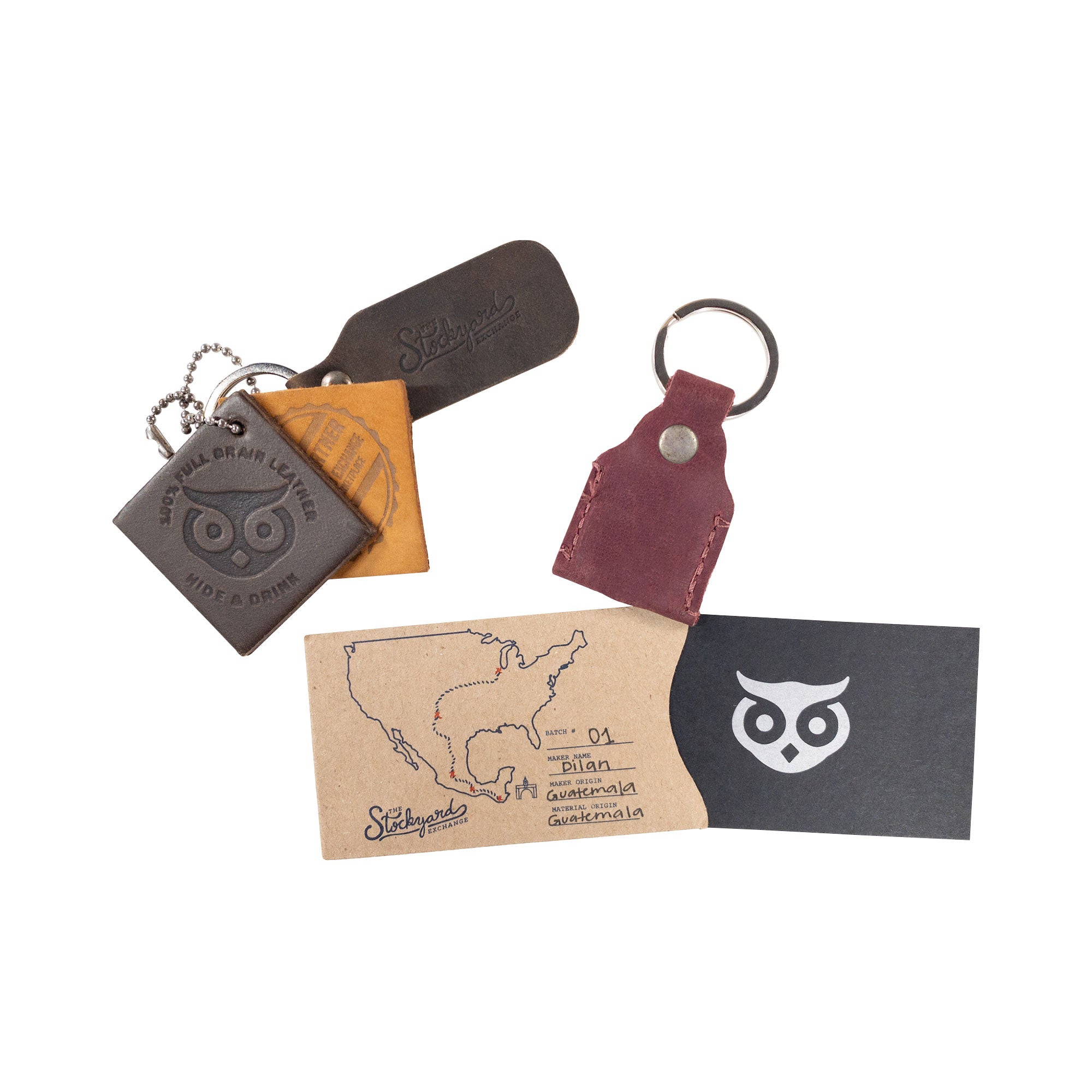 Close-up of tan Hide & Drink Key Holder, emphasizing its handcrafted quality. This Key Holder is functional as a Keychain Organizer and emergency coin pouch, made from premium Full Grain Leather. Artisan-crafted in La Antigua Guatemala & Oaxaca Mexico, representing small batch production.