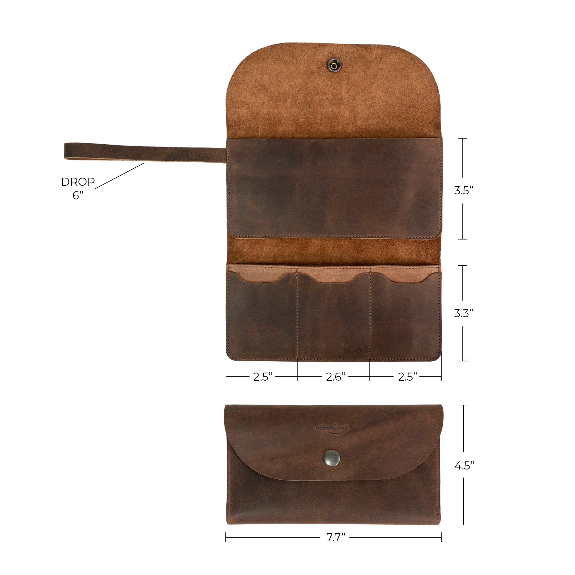 Dimensions and features of Heather's Wallet with Wristlet shown together, highlighting its usability for women. Made from Full Grain Leather, this stylish purse is a perfect travel accessory and money organizer. StockyardX, Small Batch Production, Hand Cut, Hand Sewn, Fire Branded, Artisan, Handmade in La Antigua Guatemala & Oaxaca Mexico.