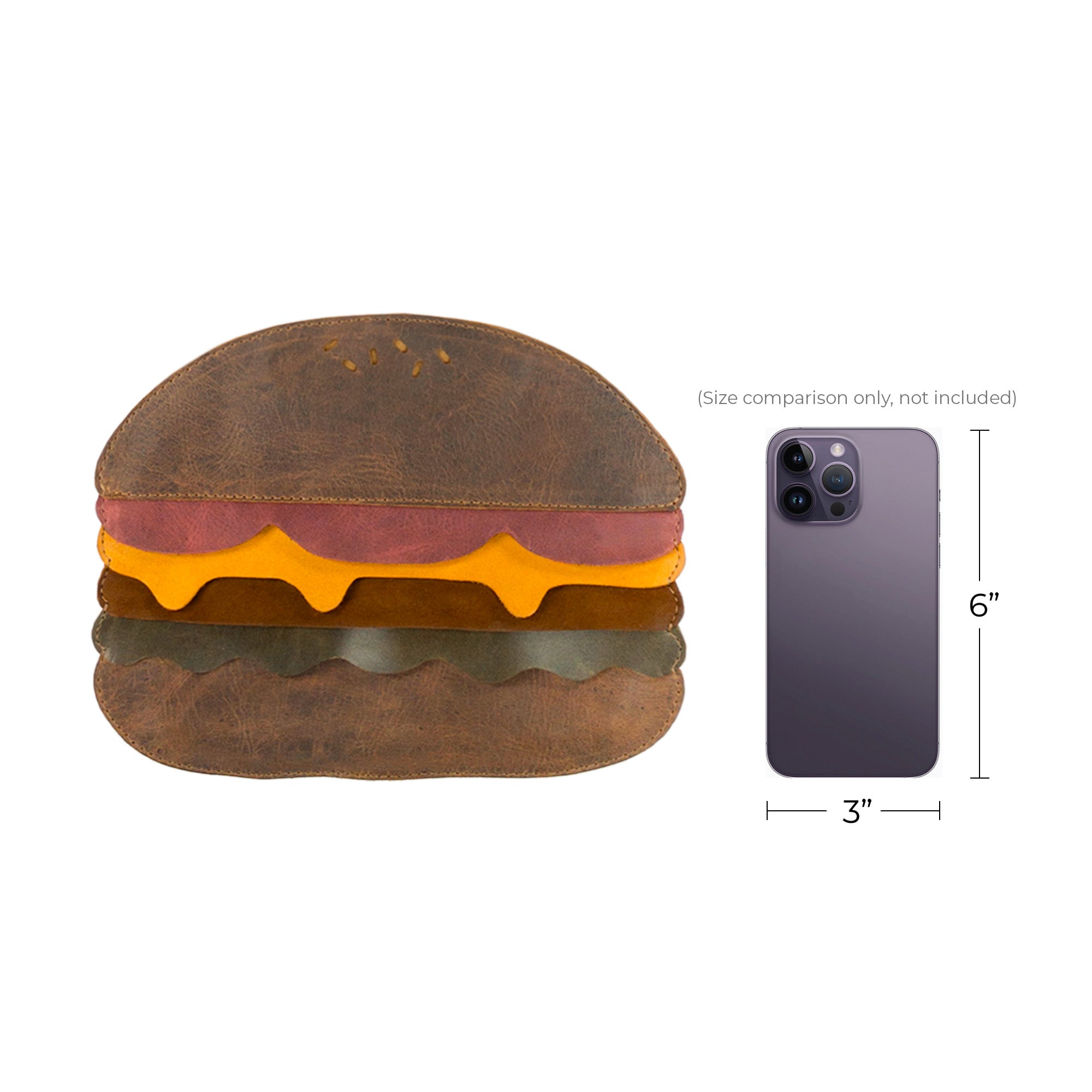 Size comparison of the Burger-Shaped Shoulder Bag by Tudi Frudi against a smartphone, emphasizing its compactness. This artisan-made Full Grain Leather bag functions perfectly as a Crossbody Bag or Messenger Bag, a whimsical Travel Accessory. Handmade in La Antigua Guatemala & Oaxaca Mexico, it's a delightful addition to any wardrobe.