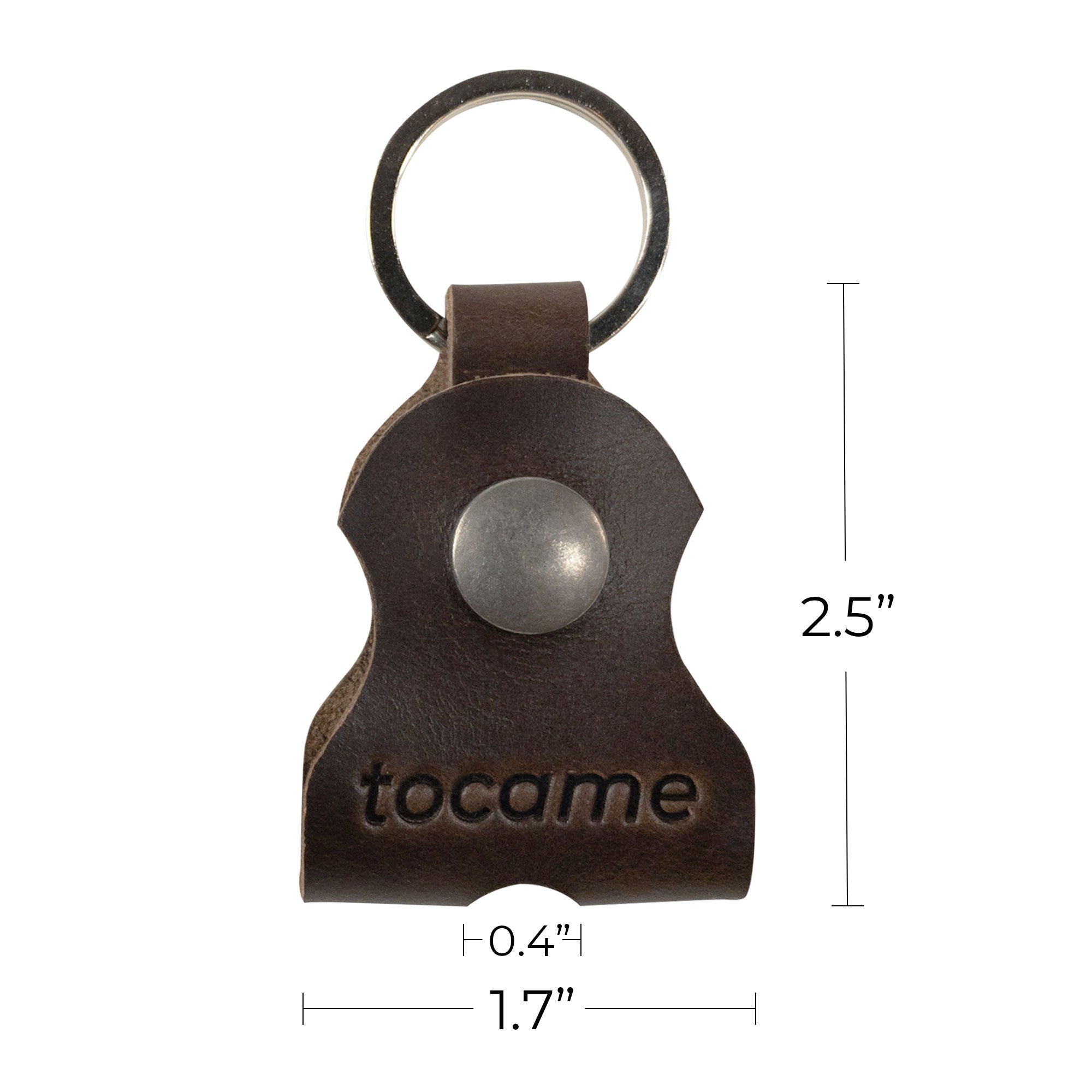Image showing dimensions of a keychain by tocame from the Set of 2 Keychains for Drum Tunners (Not Included). This classic keyring is crafted from quality full grain leather, making it an ideal accessory for musicians. Handmade and fire branded, these keychains proudly represent artisan craftsmanship from La Antigua Guatemala & Oaxaca Mexico.