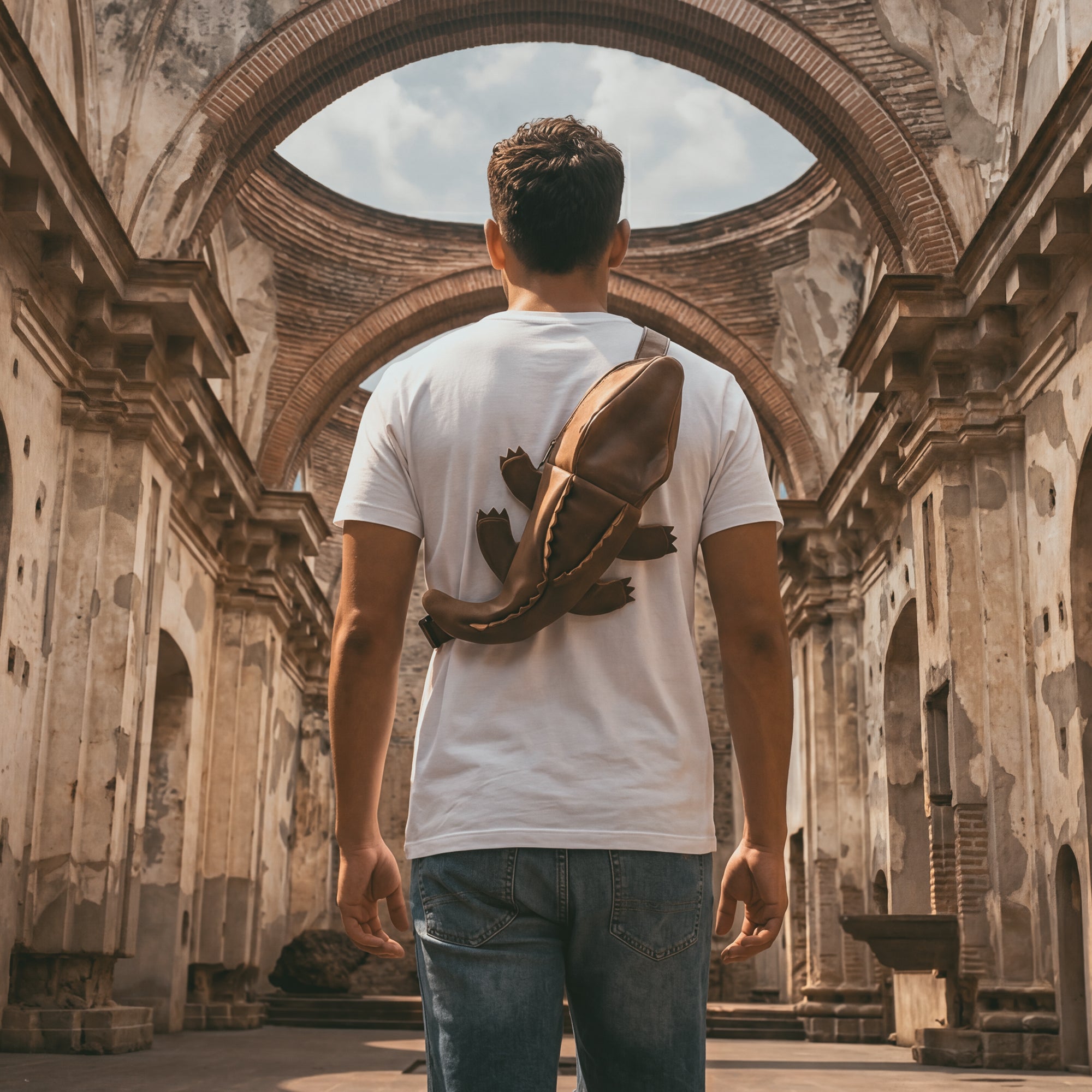 A man wearing the Crocodile-Shaped Crossbody by Tudi Frudi while exploring an ancient architecture backdrop. This unique Crossbody Purse combines stylish functionality with the benefits of Hand Cut and Hand Sewn quality, perfect for those who appreciate Artisan craftsmanship.