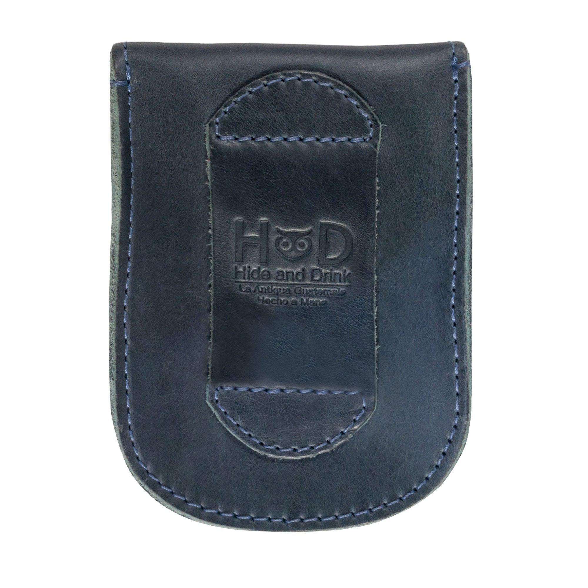 Front view of the Navy Holster Pouch by Hide & Drink, highlighting its design and branding. This full grain leather pouch is crafted with care, showcasing its artisan heritage from La Antigua Guatemala.