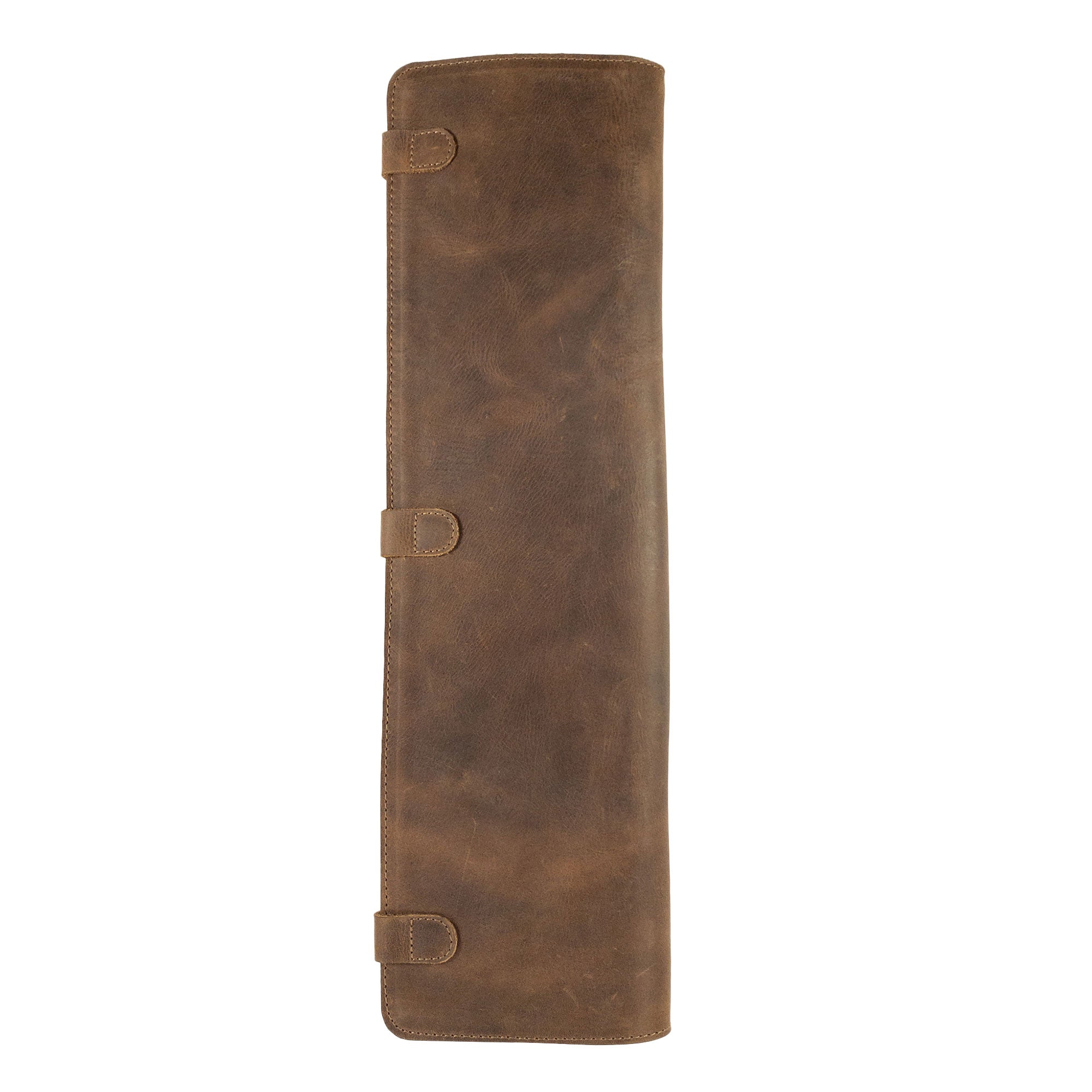 Front view of the closed Travel Tie Case by Hide & Groom, highlighting its sturdy construction in full grain leather. Designed for groomsmen and formal events, this Travel Tie Case includes an extra pocket and artisan detailing.
