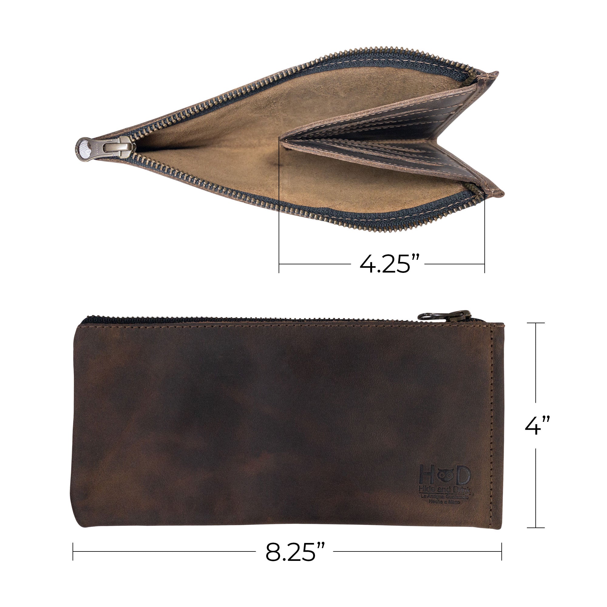 Hide & Drink Zipper Wallet with detailed dimensions showcasing its design. This compact zippered bag is the perfect Rectangular Wallet with Inner Card Slots made from Full Grain Leather. A great Rustic Card Holder ideal for travel, it embodies stockyardX's dedication to Small Batch Production, Hand Cut, and Hand Sewn quality. Handmade in La Antigua Guatemala & Oaxaca Mexico.