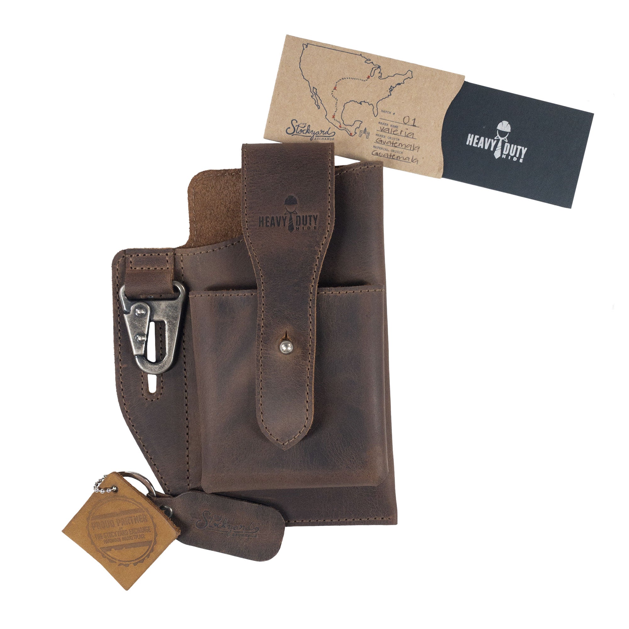 Heavy Duty Hide Rustic Phone & Cigarette Pack Holder displayed with packaging, highlighting its artisan quality and full grain leather craftsmanship. This tactical organizer, made in La Antigua Guatemala & Oaxaca Mexico, emphasizes small batch production, perfect for outdoor lovers.