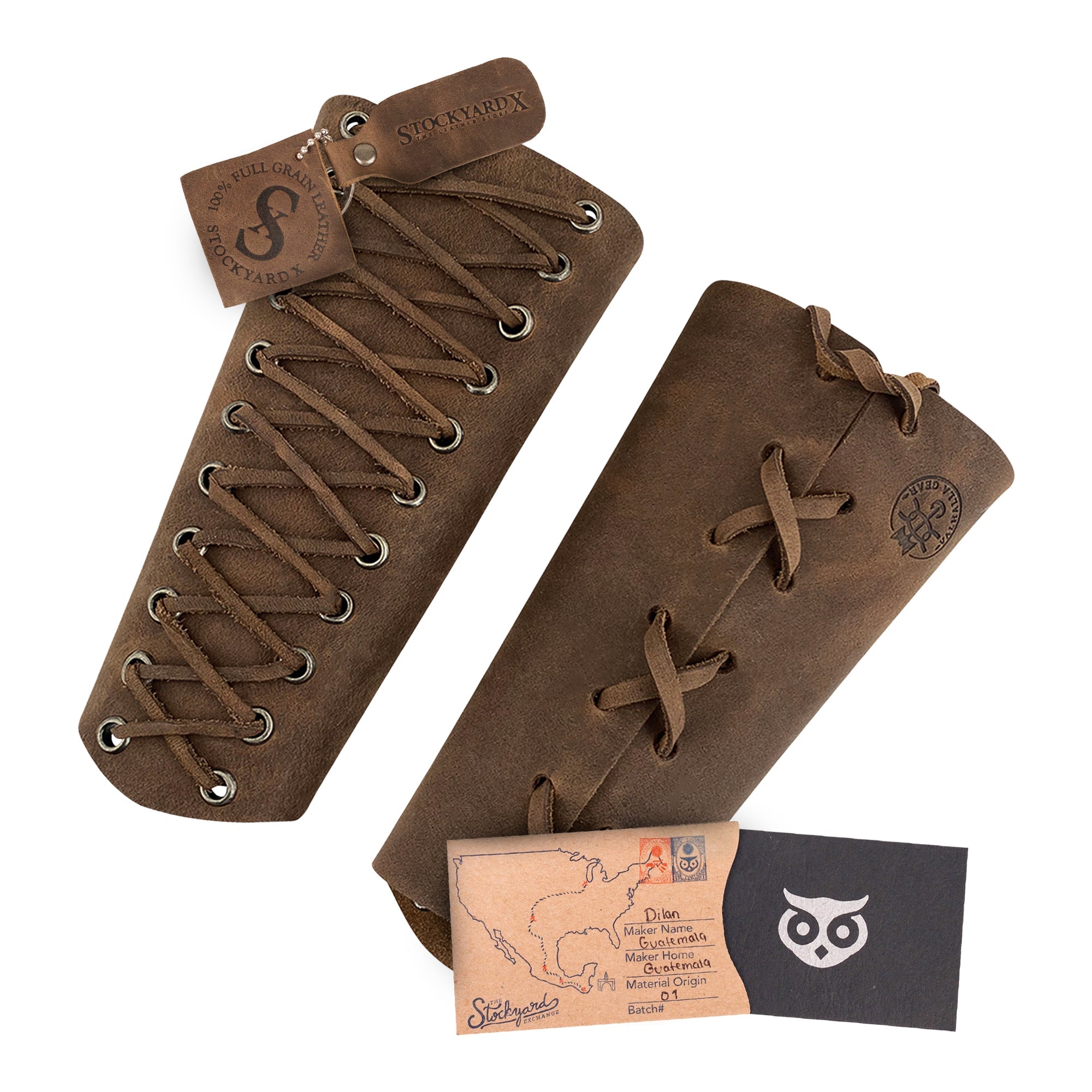 Valhalla Gear Archery Bracer - 2 pack set with packaging and branding tags alongside the bracers. The bracers made of full grain leather are a fantastic hand protector for bow shooting practice. This outdoor sports armband is a result of artisan craftsmanship with small batch production, hand cut, hand sewn, and fire branded techniques. Handmade in La Antigua Guatemala & Oaxaca Mexico.