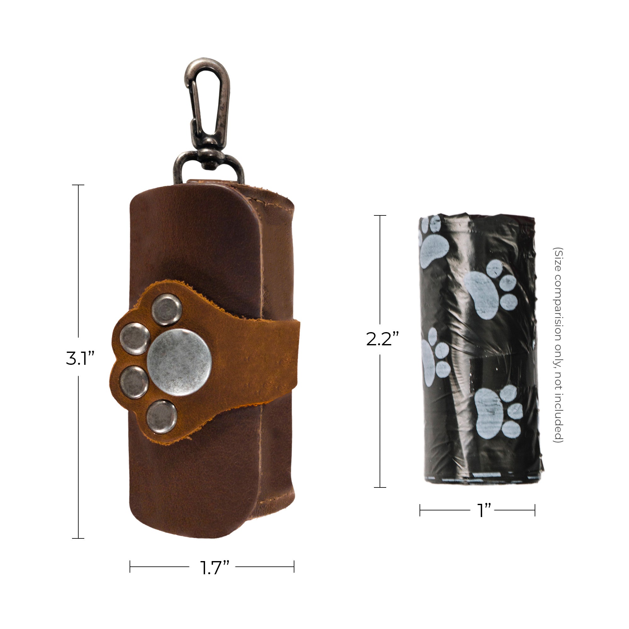 Size comparison showcasing the Taco Dog Paw Poop Bag Pouch beside a roll of dog waste bags. This full grain leather pouch prioritizes convenience, offering easy access and use for pet owners on walks. Handmade in La Antigua Guatemala, emphasizing quality and artisan craftsmanship.