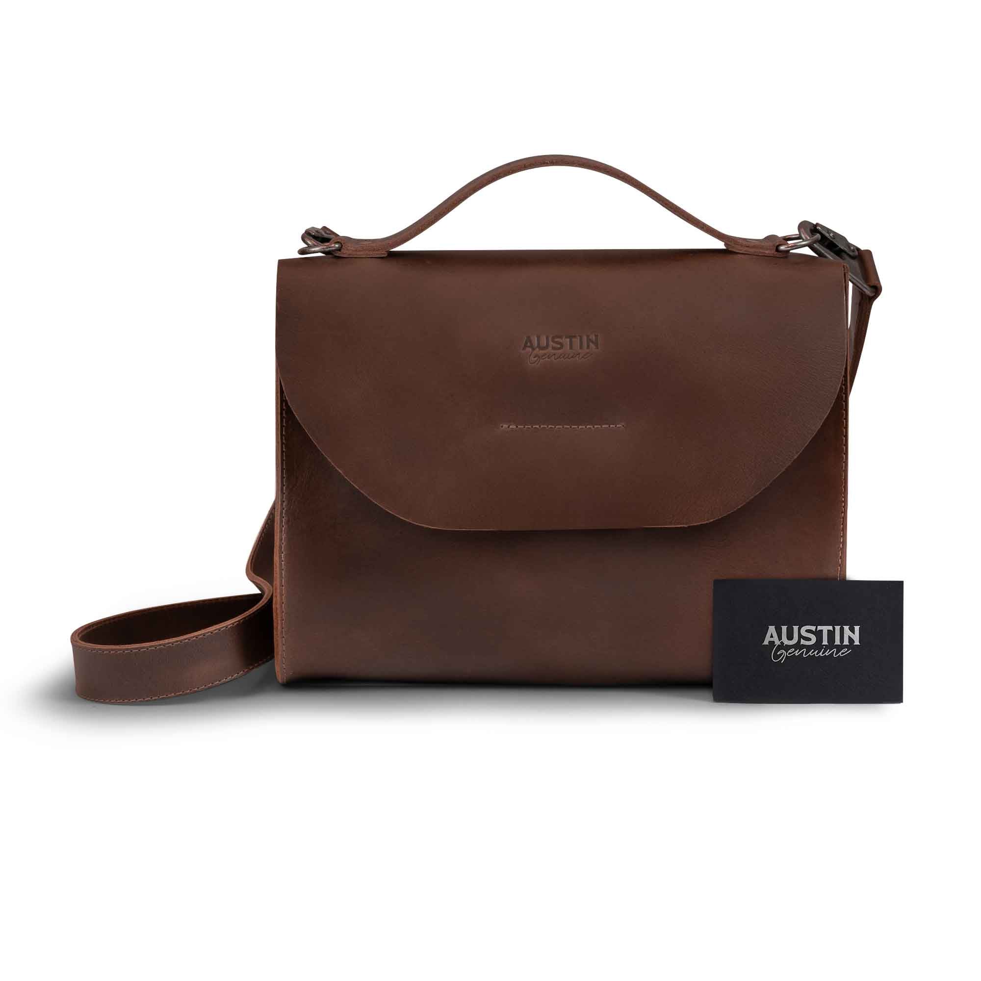 The Burnet Crossbody with a stylish accessory, emphasizing its full grain leather construction by Austin Genuine. It’s an artisan bag, reflecting small batch production, hand cut, and hand sewn techniques, handmade in La Antigua Guatemala & Oaxaca Mexico.