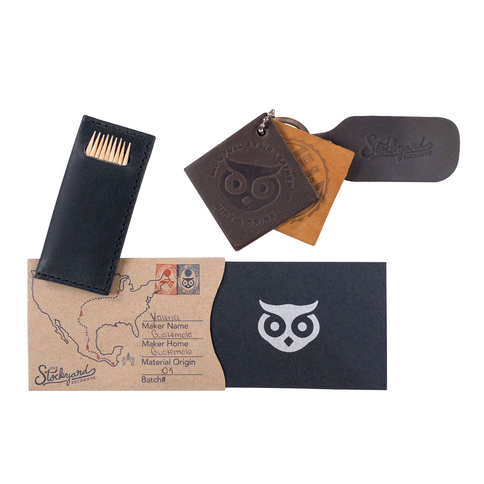 Hide & Drink Tooth Pick Case (4 Pack) featuring the dimensions of a leather version of the toothpick holder. Set of 4 Tooth Pick Cases, Cooking Accessories, Full Grain Leather, StockyardX, Small Batch Production, Hand Cut, Hand Sewn, Fire Branded, Artisan, Handmade in La Antigua Guatemala & Oaxaca Mexico.