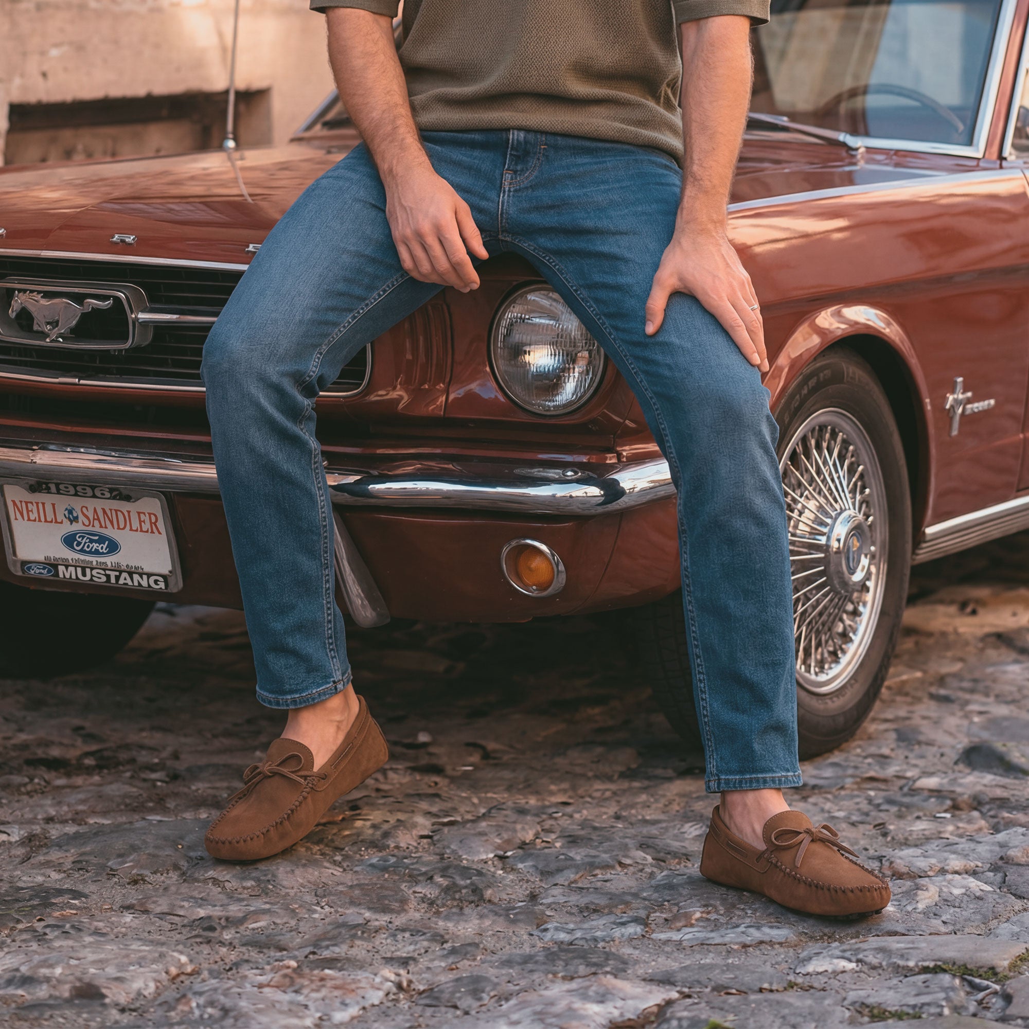 A man wearing The Roadster Leather Driving Moccasins by La Leche while sitting on the hood of a classic Mustang, adorned with Full Grain Leather, showcasing small batch artisan production, handmade in La Antigua Guatemala & Oaxaca Mexico.