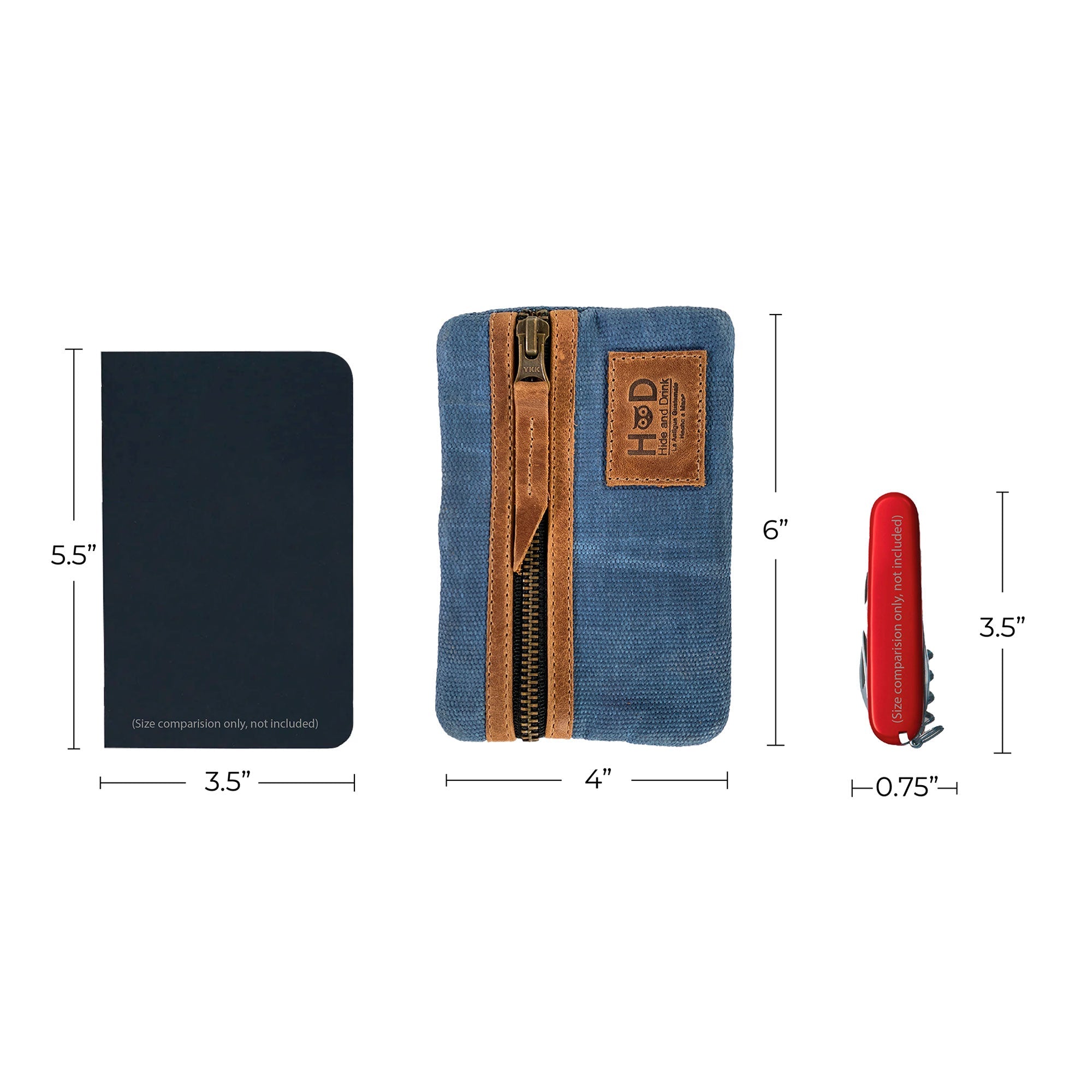 Dimensions of the blue Multi-tool Pocket Pouch by Hide & Drink, showcasing its compact size ideal for carrying tools and essentials.