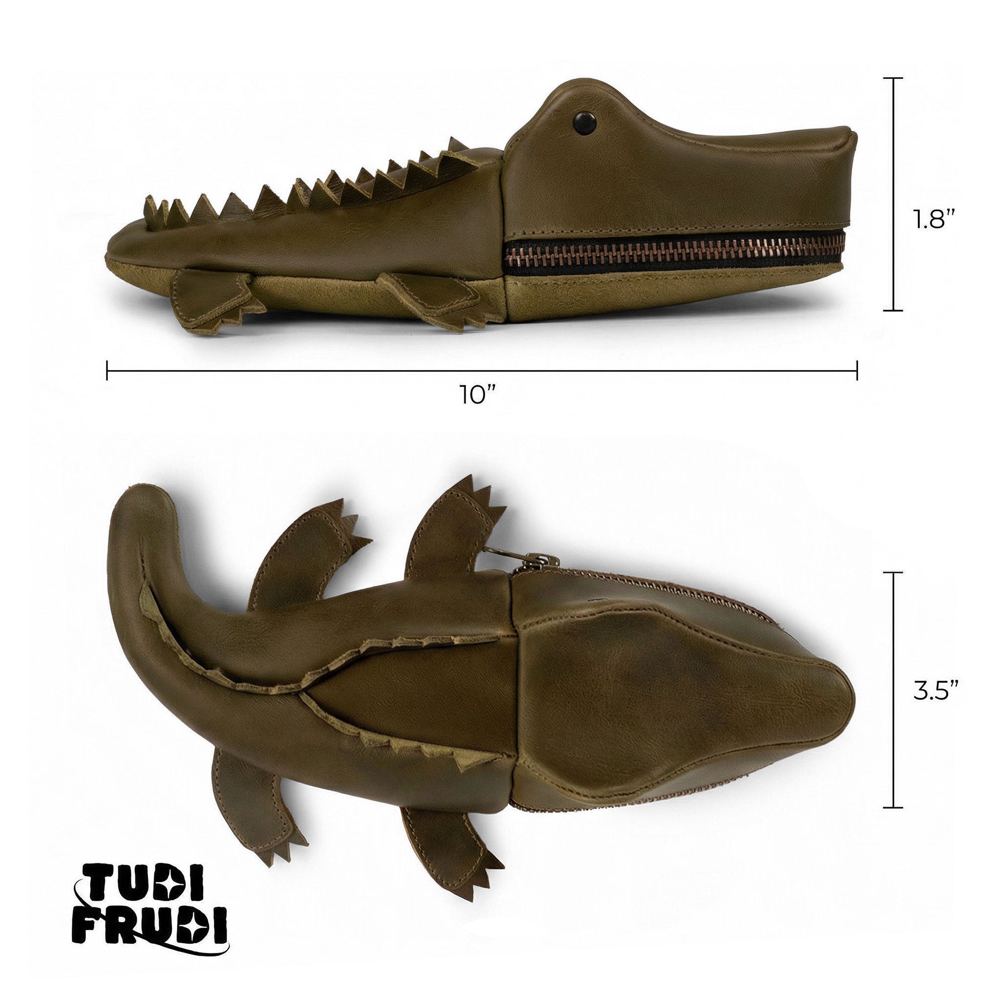 Gator Leather Pouch by Tudi Frudi displayed with dimensions for clarity, representing an artisan's touch in every detail. This crocodile-shaped design is perfect as a small charger cable holder, scissors case, or alligator-shaped coin purse, crafted from durable full grain leather in small batches.