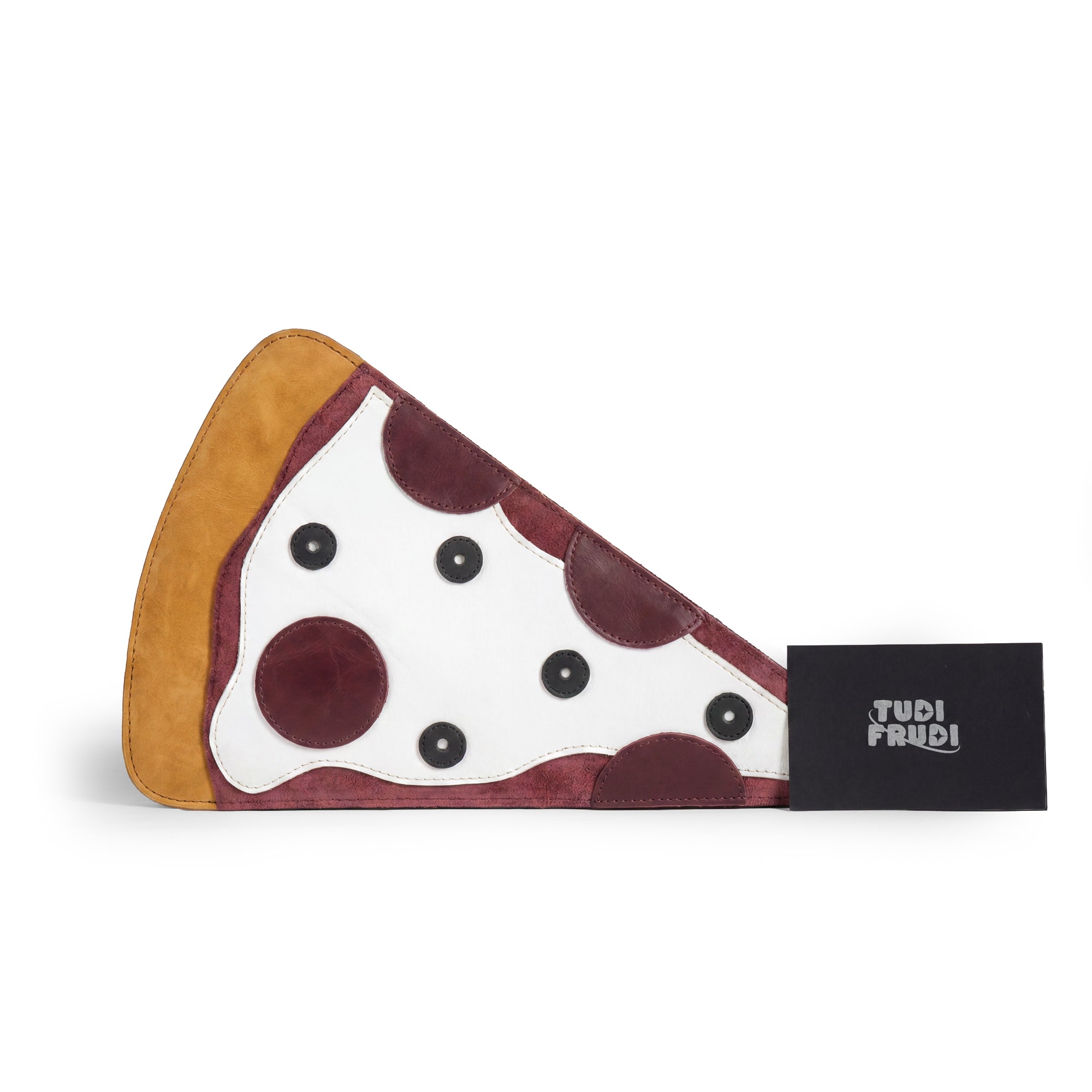 Back view of the Pizza Slice-Shaped Shoulder Bag by Tudi Frudi showing its unique pizza slice shape and Full Grain Leather textures. This artisan-made crossbody bag exemplifies small batch production and attention to detail in hand cut and hand sewn work.