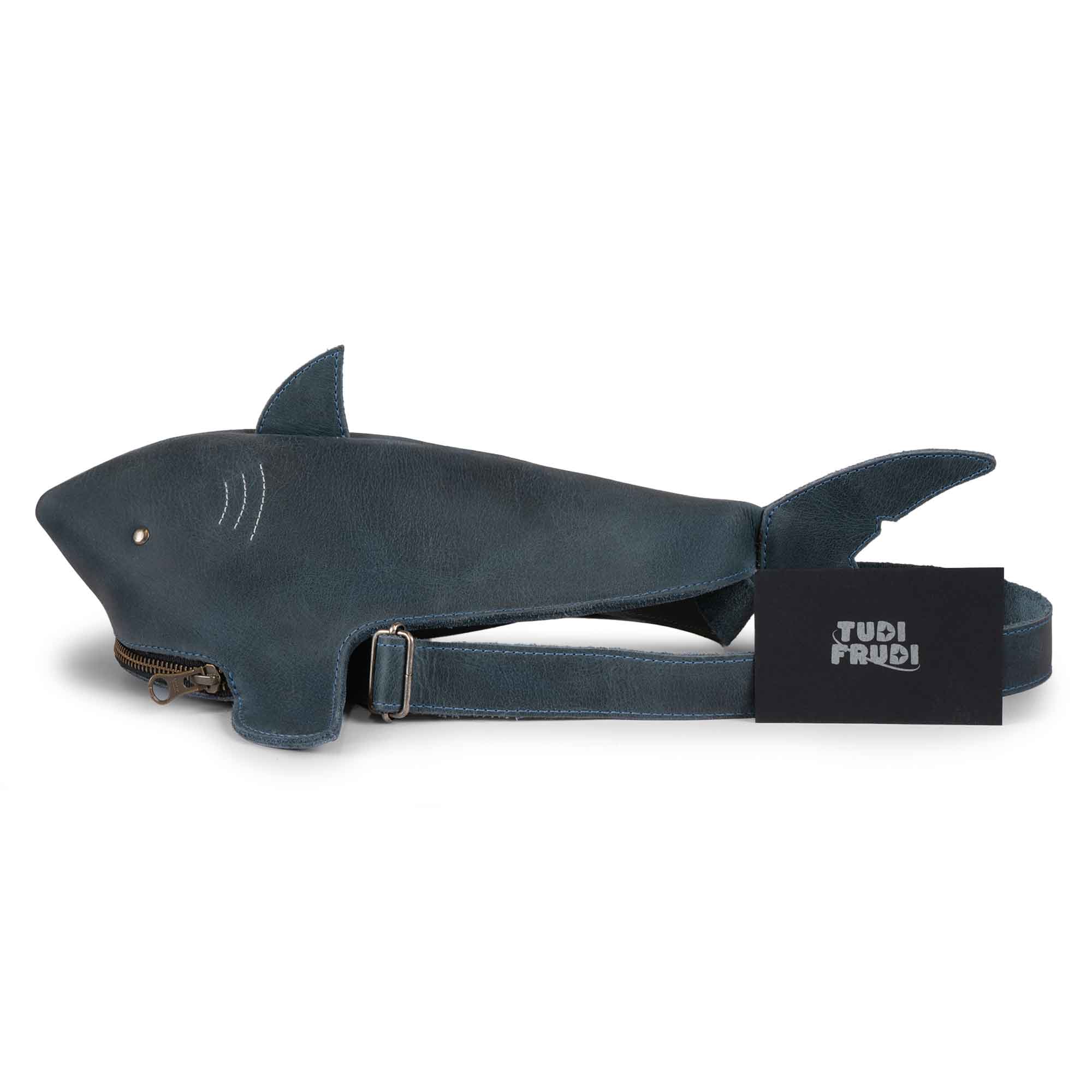 Front view of the Shark-Shaped Crossbody by Tudi Frudi, displaying the detailed design of a Leather Shark-Shaped Sling Bag with Adjustable Strap. This artisanal Crossbody Purse serves as both a Messenger Bag and a Fanny Pack, expertly handmade in La Antigua Guatemala with the fire branded logo.