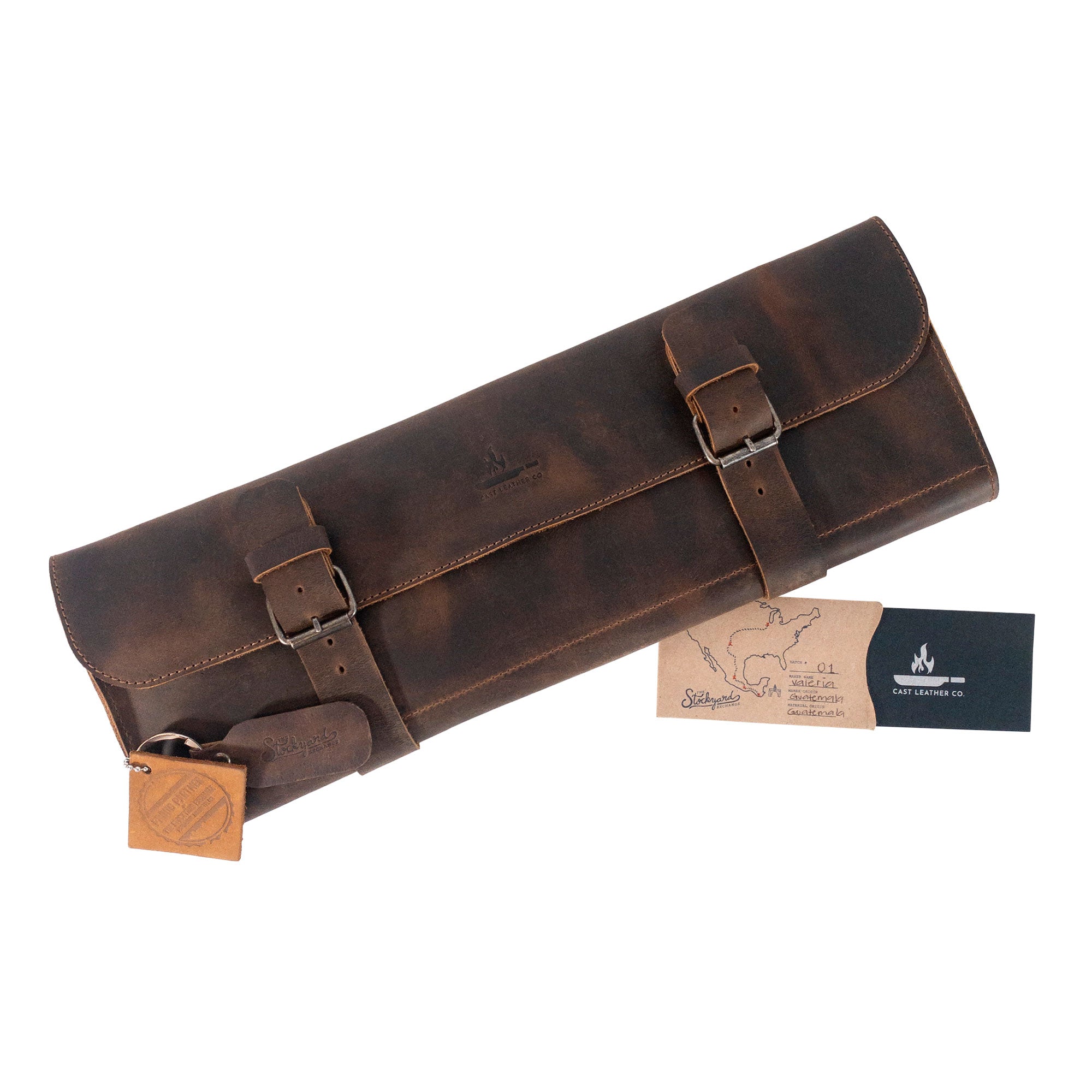 Close-up of the Utility Knife Roll by Cast Leather Co. featuring beautifully crafted leather and additional storage for accessories. This rectangular roll for cutting essentials is made from full grain leather, exhibiting the small batch production and artisan techniques from La Antigua Guatemala.