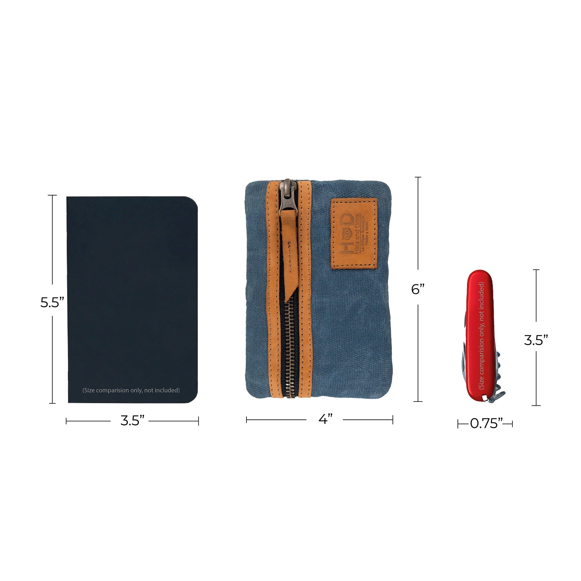 Dimensions of the grey Multi-tool Pocket Pouch by Hide & Drink alongside tools for practical size reference.