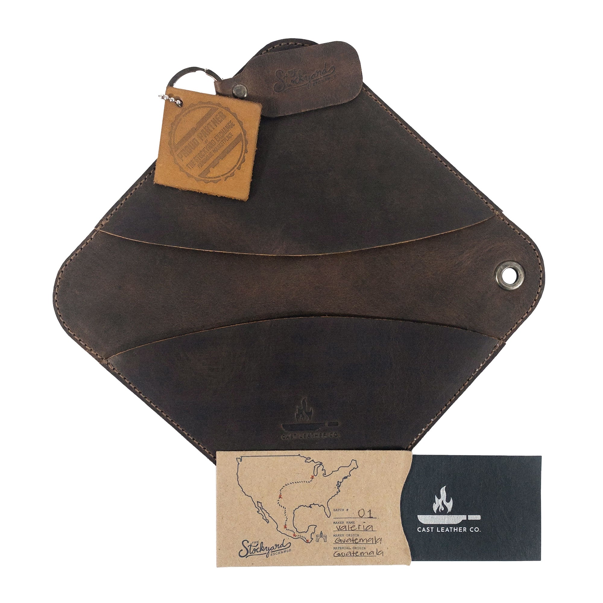 The Cast Leather Co. Leather Oven Mitt & Trivet, presented with its packaging and branding, highlighting the artisan craftsmanship. This squared hot pot pad (potholder) made of full grain leather is not only a practical kitchen tool but also a piece of art, crafted through small batch production in La Antigua Guatemala.