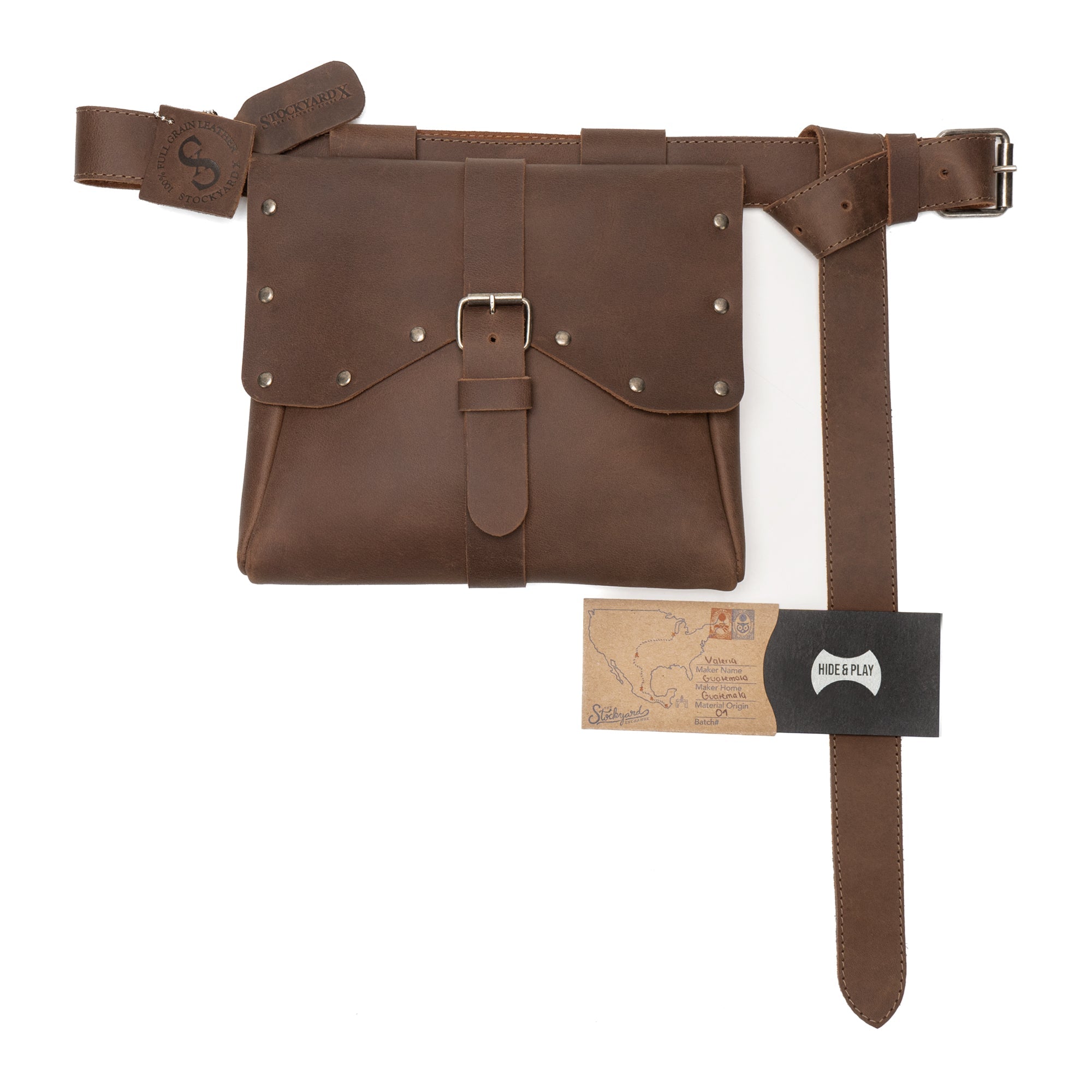 Viking Style Waist Bag with Belt from Hide & Play, featuring branding details and packaged with care, crafted from full grain leather. This unique accessory is perfect for cosplay and represents artisan craftsmanship in small batch production from La Antigua Guatemala & Oaxaca Mexico.