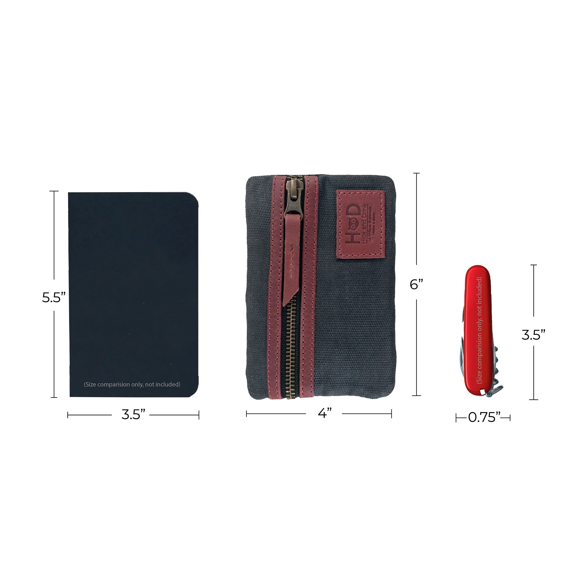 Dimensions of the teal Multi-tool Pocket Pouch by Hide & Drink, displayed with essentials to emphasize its compact size.