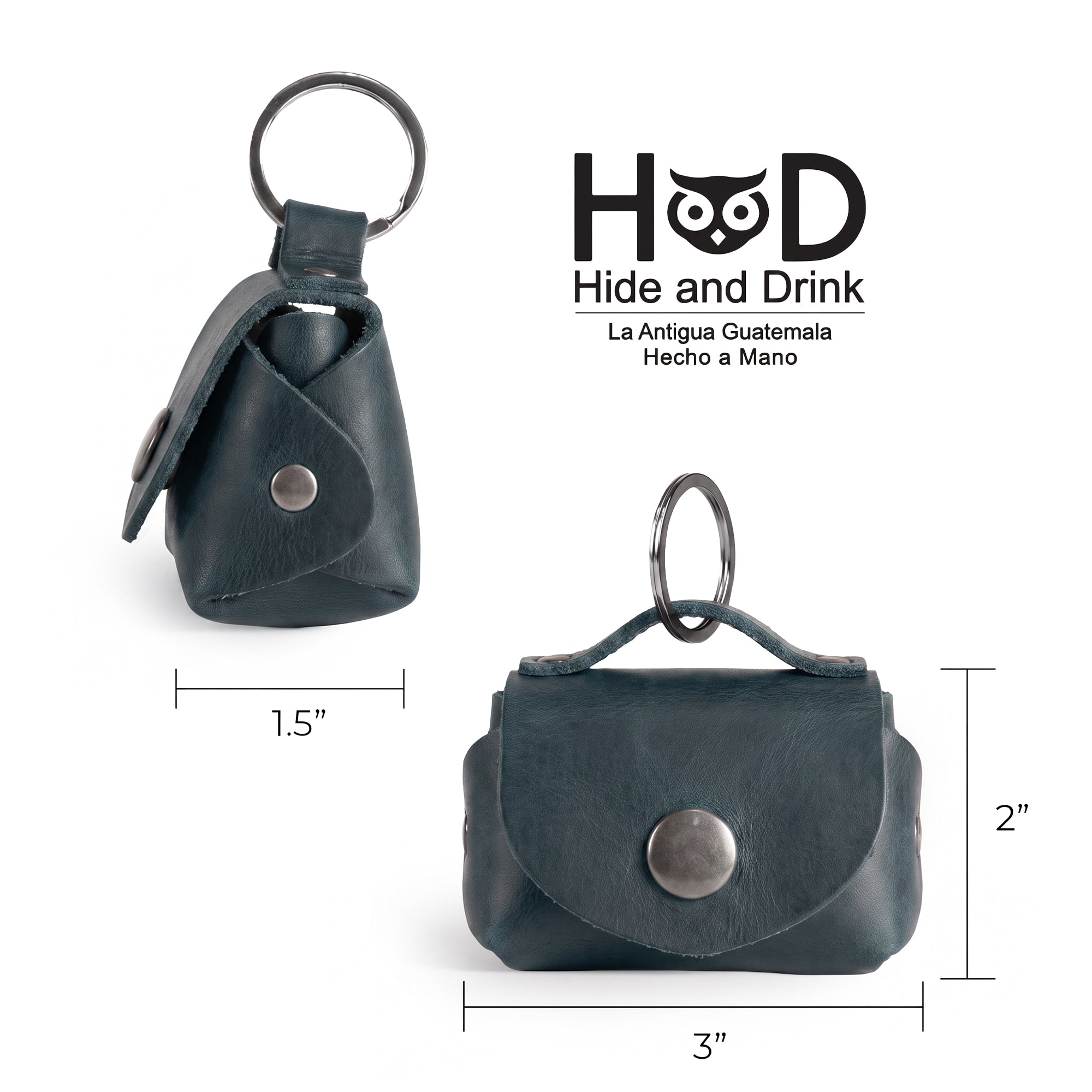 Dimensions of the Tiny Handbag Keychain by Hide & Drink highlighted with measurements showing its compact size. Made from Full Grain Leather, this artisan piece represents the best of small batch production, perfect for those who value handmade accessories from StockyardX.