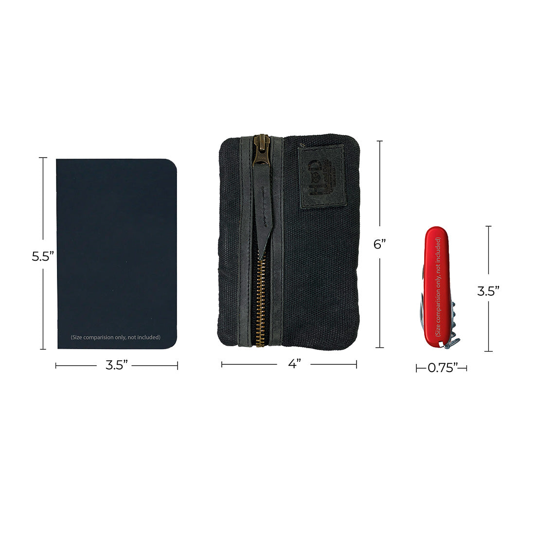 Dimensions of the black Multi-tool Pocket Pouch by Hide & Drink, presented with a notebook and multi-tool, showcasing its practicality for everyday use.