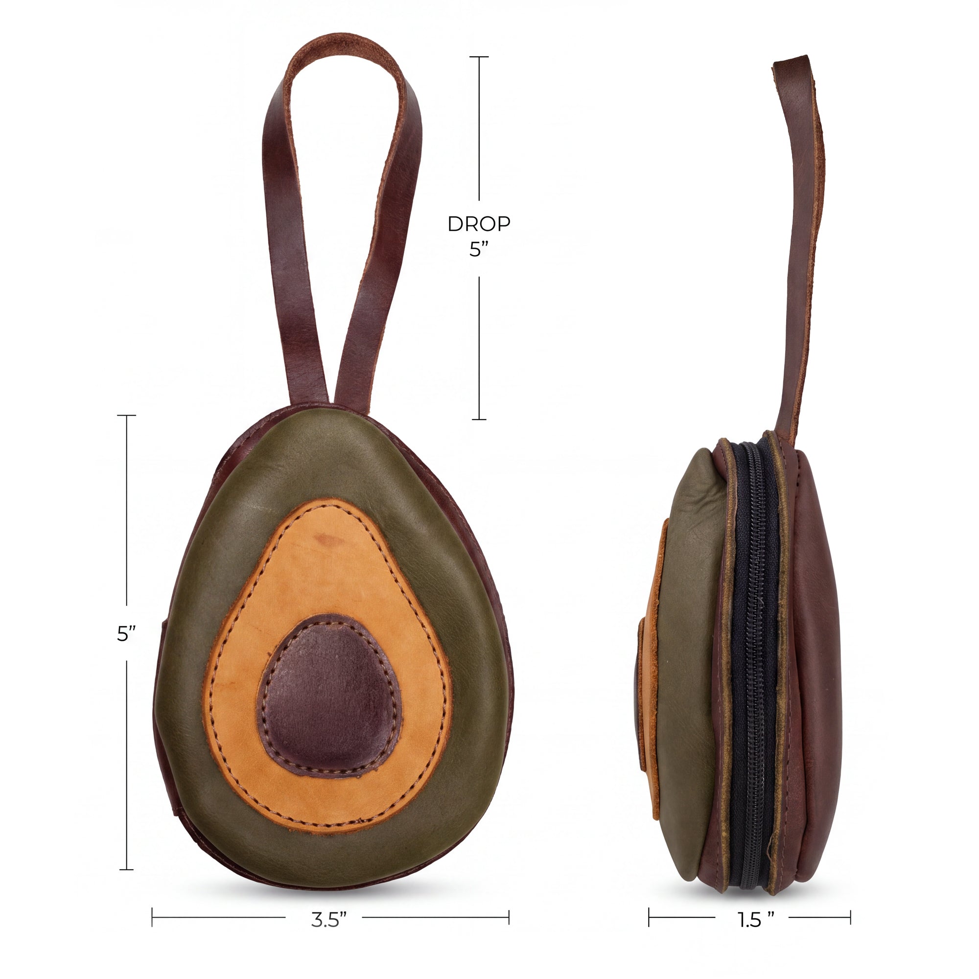 Hide & Drink Avocado Purse, illustrating the dimensions of this cute and functional case bag, perfect for coins, cards, and money organization. This avocado purse is handcrafted from premium full grain leather, embodying small batch production with details like hand cutting, hand sewing, and fire branding by artisans from La Antigua Guatemala & Oaxaca Mexico.