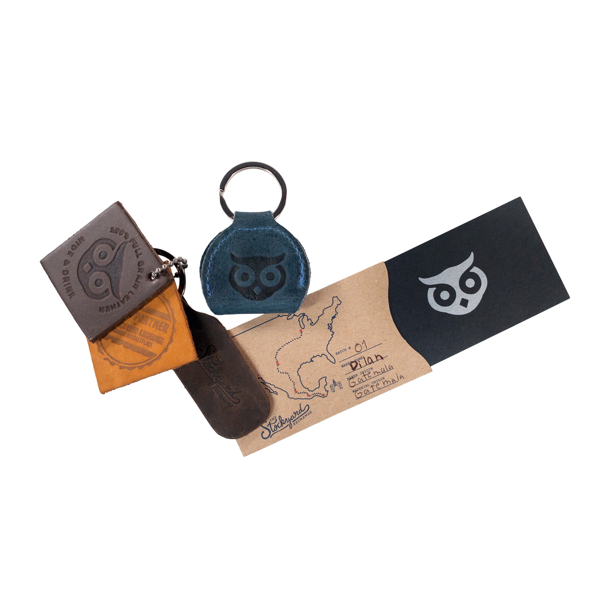 Complete package of the Key Chain & Guitar Pick Holder by Hide & Drink, showcasing the Guitar Pick Holder with Ring among other items. This key organizer for guitar players is made from Full Grain Leather in small batches, reflecting hand cut and hand sewn craftsmanship, artisan details, and fire branding, handmade in La Antigua Guatemala & Oaxaca Mexico.