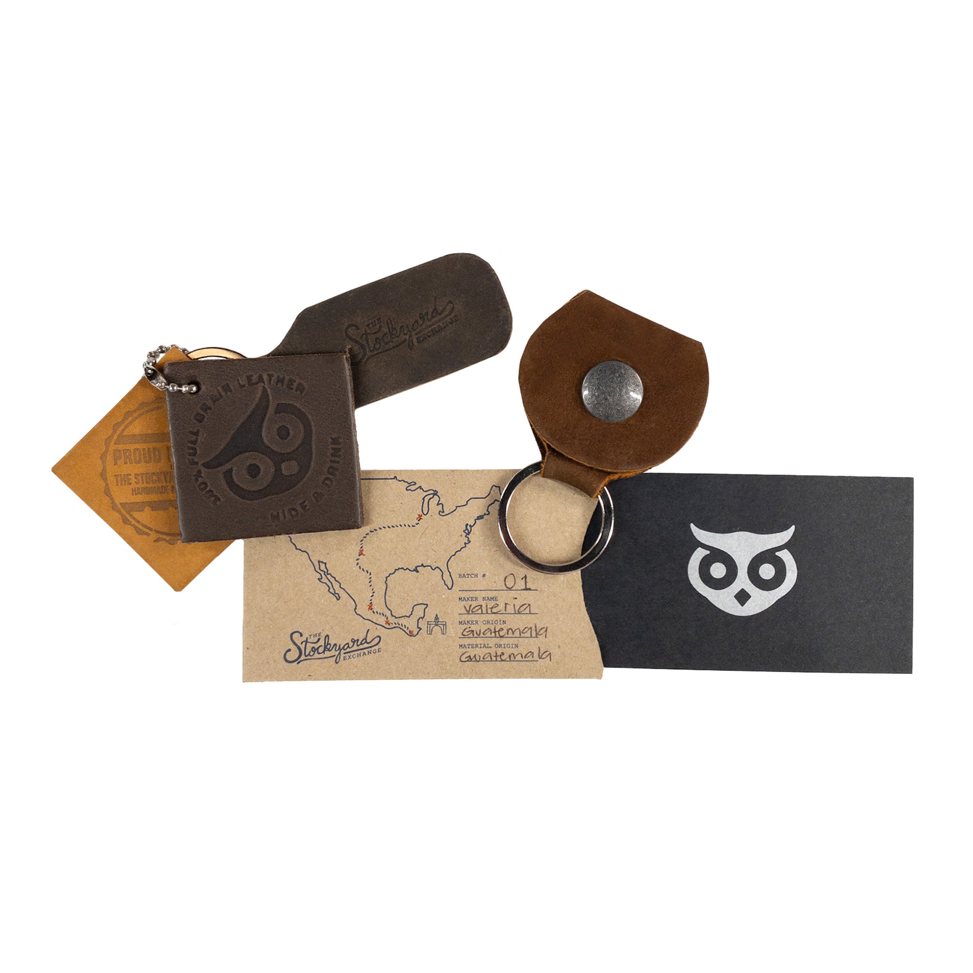 Assorted items from Hide & Drink, including the Key Chain & Guitar Pick Holder, showcasing the Guitar Pick Holder with Ring. This keychain for guitar players features Full Grain Leather craftsmanship in small batch production, reflecting hand cut, hand sewn skill, with artisan design and fire branded details, handmade in La Antigua Guatemala & Oaxaca Mexico.