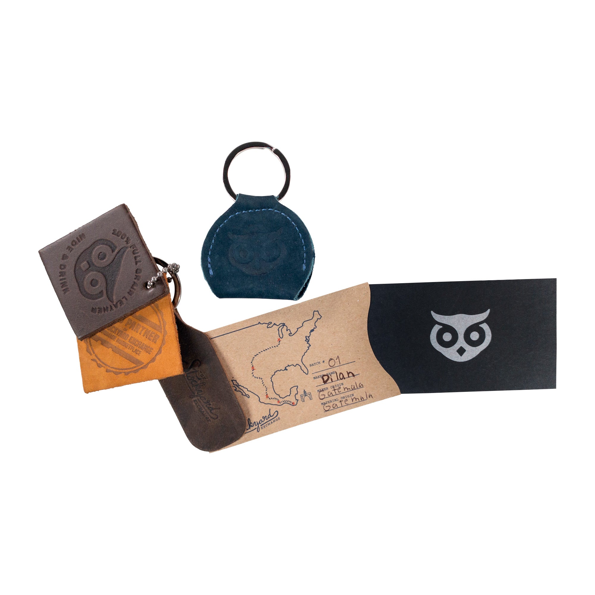Hide & Drink Key Chain & Guitar Pick Holder, including a unique packaging design reflecting the artisan nature of the product. Made from Full Grain Leather, this key organizer is perfect for guitar players and displays small batch production from La Antigua Guatemala & Oaxaca Mexico.